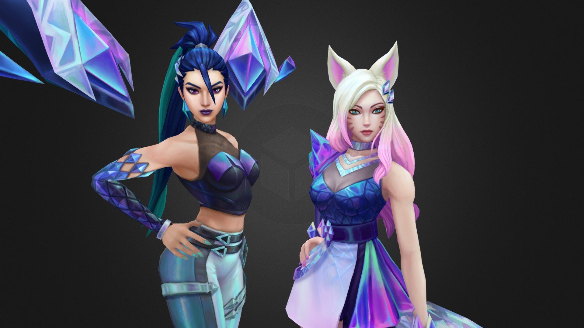 Had the honor of working on K/DA ALL OUT Kai'sa and Ahri.   These are the in game 3D models for League of Legends.  These projects were a huge collaborative effort and a dream come true to work on.  HUGE thank you and congrats to the team and all the amazing people who worked on these skins and events! ❤ Hope you enjoy the show! ^_^- 
(More screenshots can be found here!) 
https://www.artstation.com/artwork/q9NNWR 

https://www.artstation.com/artwork/ELZgdq 
(Ahri's tail painted diffuse for model viewer!)

Kai'sa Concept: Nancy Kim
https://www.artstation.com/nkim
Ahri Concept: Rheekyo Lee
https://www.artstation.com/artwork/oAz1nL
Animation: Einar Langfjord
https://www.artstation.com/pelican
VFX: Walker Paulsen
https://www.artstation.com/cyan_fox
Tech Art: Isabella Cheng-Henehan
https://www.artstation.com/izzyccheng
Audio: Rachel Dziezynski
Producer: Ambrielle Army
QA: Nathan Hales

Models belong to Riot Games and not available for download :)