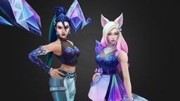 K/DA ALL OUT Kai'sa and Ahri leagueoflegends, ahri, handpaintedtexture, diffuseonly, lowpolymodel, kpop, kda, character, game, lowpoly, gameart, kaisa, allout, kjgage, noai