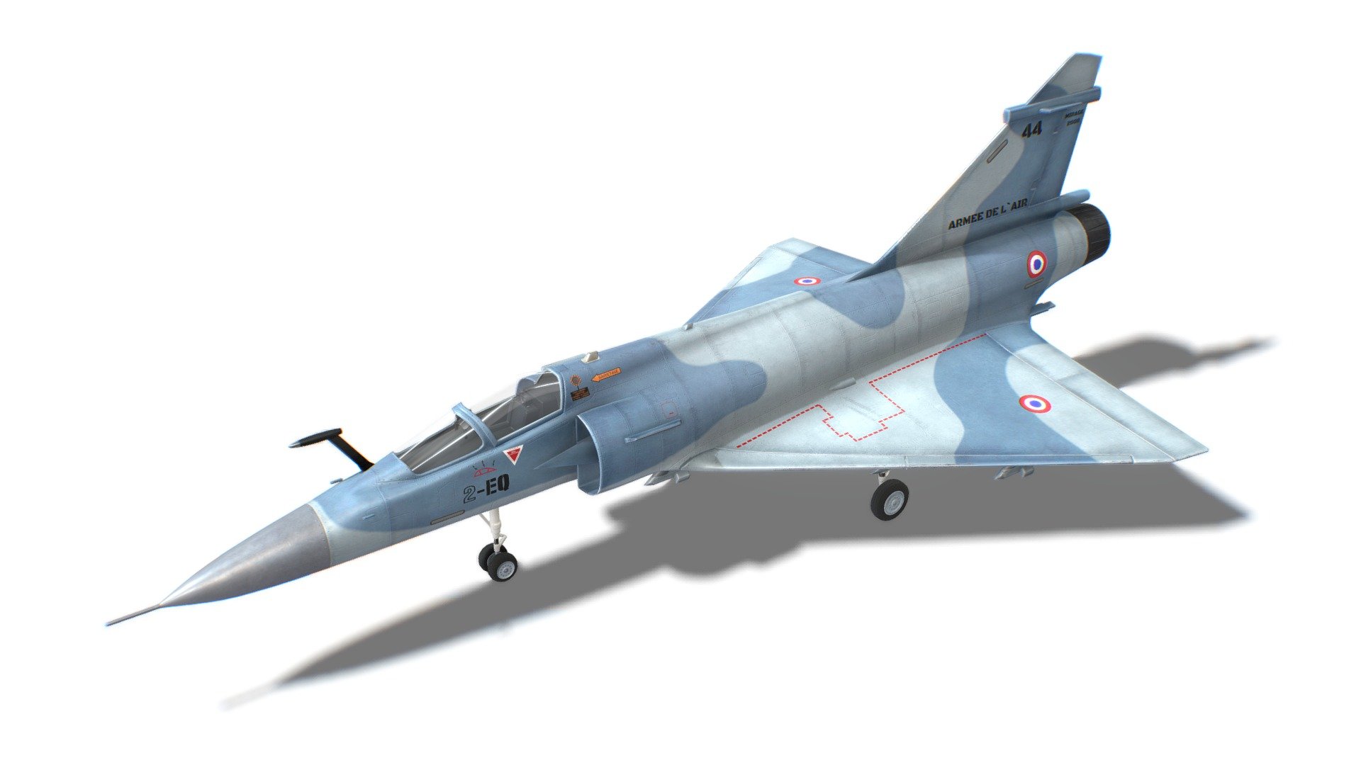 The model looks like a Mirage 2000. All parts of the model were made in full accordance with the original. Each dynamical part is separated and has correct pivot points, that allow easy animation and use in games. 

Advanced information:
- single material for whole mesh;
- set of 4K PBR textures;
- set of 4K Unreal PBR textures;
- set of 4K Unity PBR textures;
- set of 4K CryEngine PBR textures;
- FBX, DAE, ABC, OBJ and X3D file formats;
- 4 level of details;

Mesh details:
LOD0 - 12420
LOD1 - 6209
LOD2 - 3104
LOD3 - 299