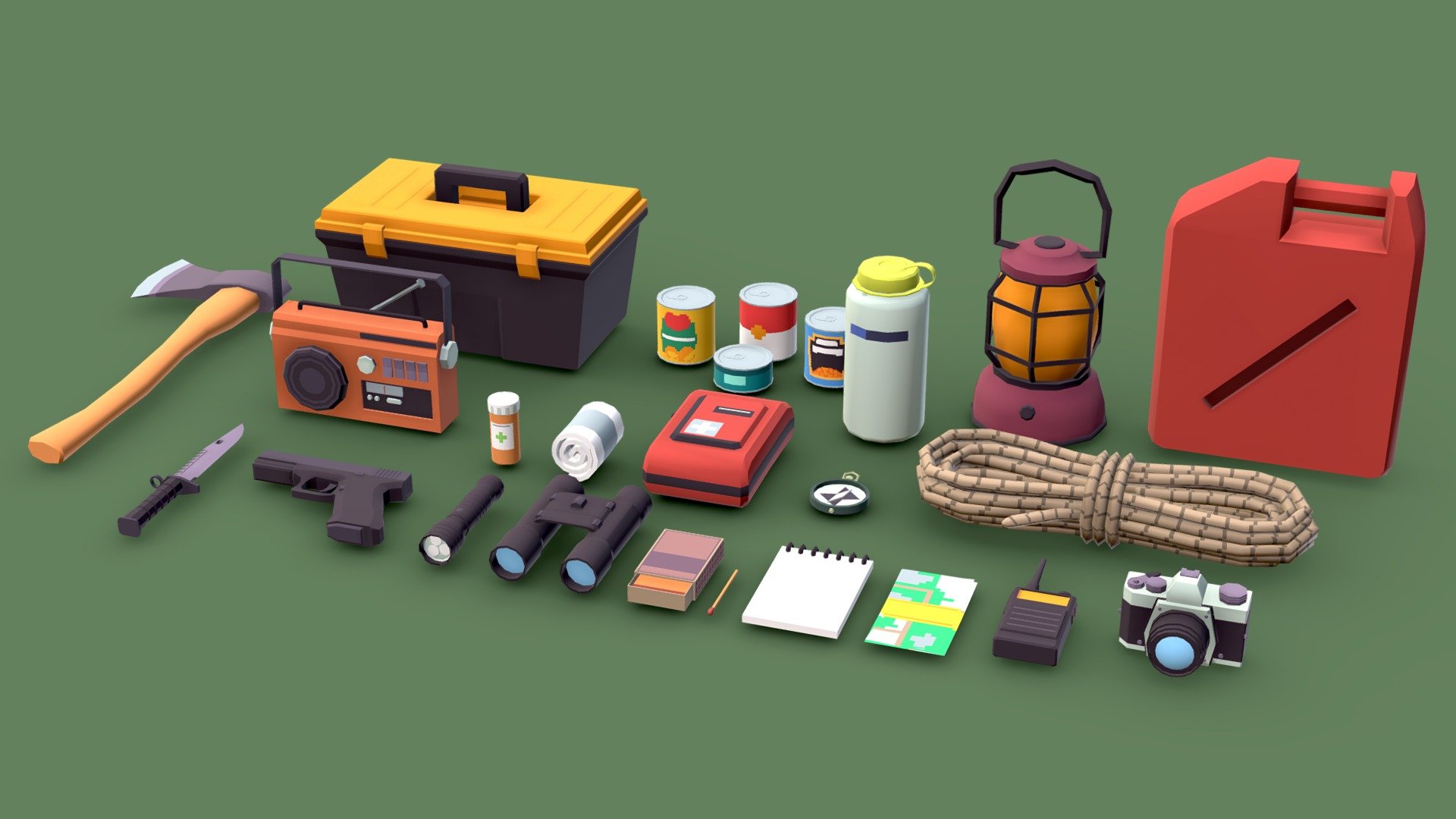 A set of low poly survival game assets free to use for anything you want :)

All models use the same 256x256 png texture.

Files Included:
- fbx
- png

Models Include:
- Axe
- Knife
- Generic Gun
- Torch
- Binoculars
- Matchbox
- Matchstick
- Notepad
- Map
- Walkie Talkie
- Camera
- Radio
- Medkit
- Medicine
- Bandage
- Compass
- Rope
- Toolbox
- Canned Food, 4 variants
- Water Bottle
- Lantern
- Jerrycan