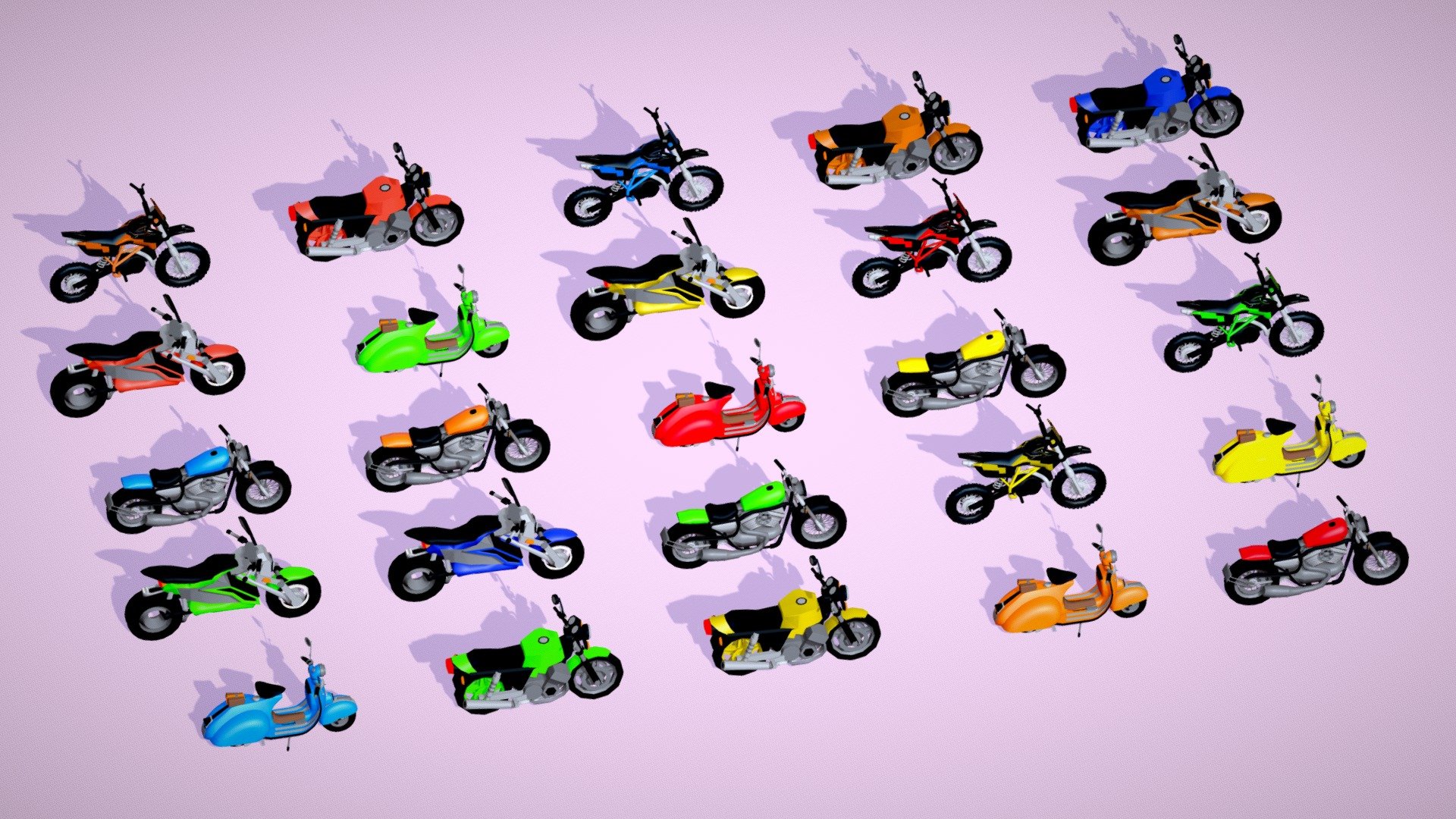 Created 25 very nice Bikes in a single pack. All the models are originally prepared in Blender. The package includes the following file formats: Blend, Glb, Obj

You can export any file format from the source blend file.
Materials are used to make these vehicles colorful. You can also make the many color variant of your choice by changing the colors in the material.

Enjoy this Bike Two Wheeler pack. If you like it then add comments below.