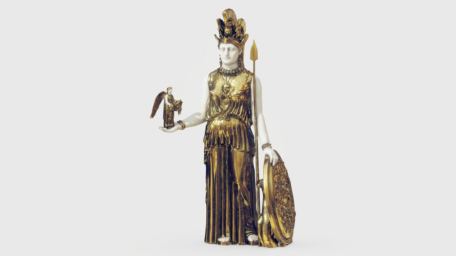 The statue of Athena Parthenos (Ancient Greek: Παρθένος Ἀθηνᾶ, lit. &lsquo;Athena the Virgin') was a monumental chryselephantine sculpture of the goddess Athena. Attributed to Phidias and dated to the mid-fifth century BCE, it was an offering from the city of Athens to Athena, its tutelary deity. The naos of the Parthenon on the acropolis of Athens was designed exclusively to accommodate it.

Clean up, retopo and retexture of this Athena statue scan by notdarrenho shared under CC-BY