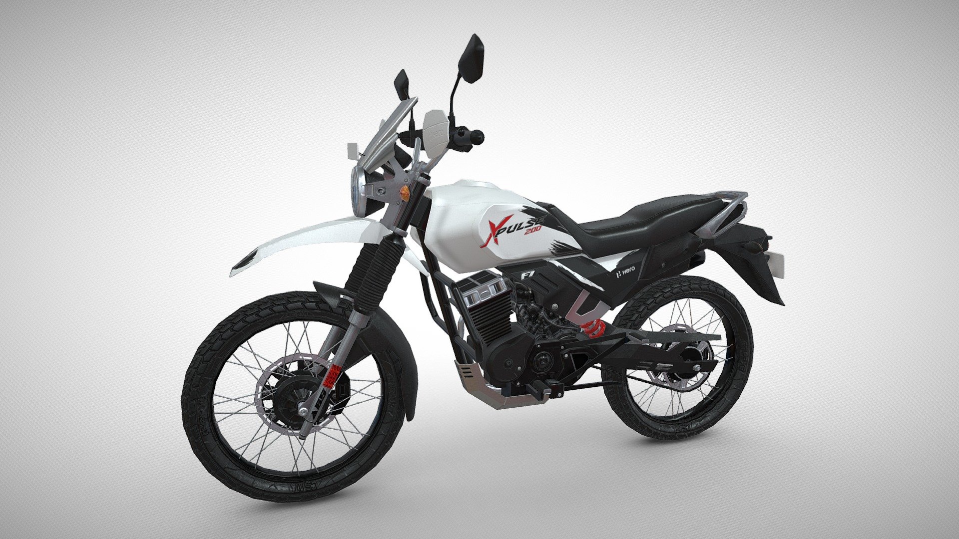 The Hero Xpulse is a Adventure Tourer and Off Road Bikes motorcycle known for its timeless design, comfort, and performance.
This 3D model of the Hero Xpulse captures the essence of a Adventure Tourer motorcycle. With its sleek and stylish design, the Hero Xpulse is a sight to behold.
Model Type: Polygonal
Polygons: 12,313
Vertices: 12,411
Formats available: Maya ASCII 2018, Maya Binary 2018, FBX , OBJ
Textures: Color, Normal, Height, Metallic, Roughness and Opacity maps
Texture Resolution: 4096 x 4096 pixels

The model is fully optimized for use in real-time applications, making it suitable for use in virtual reality, augmented reality, mobile games, PC games and other interactive experiences.

Whether you're a fan of Adventure Tourer or appreciate well-designed motorcycles, this 3D model of the Hero Xpulse is sure to impress.

Hope you like it!