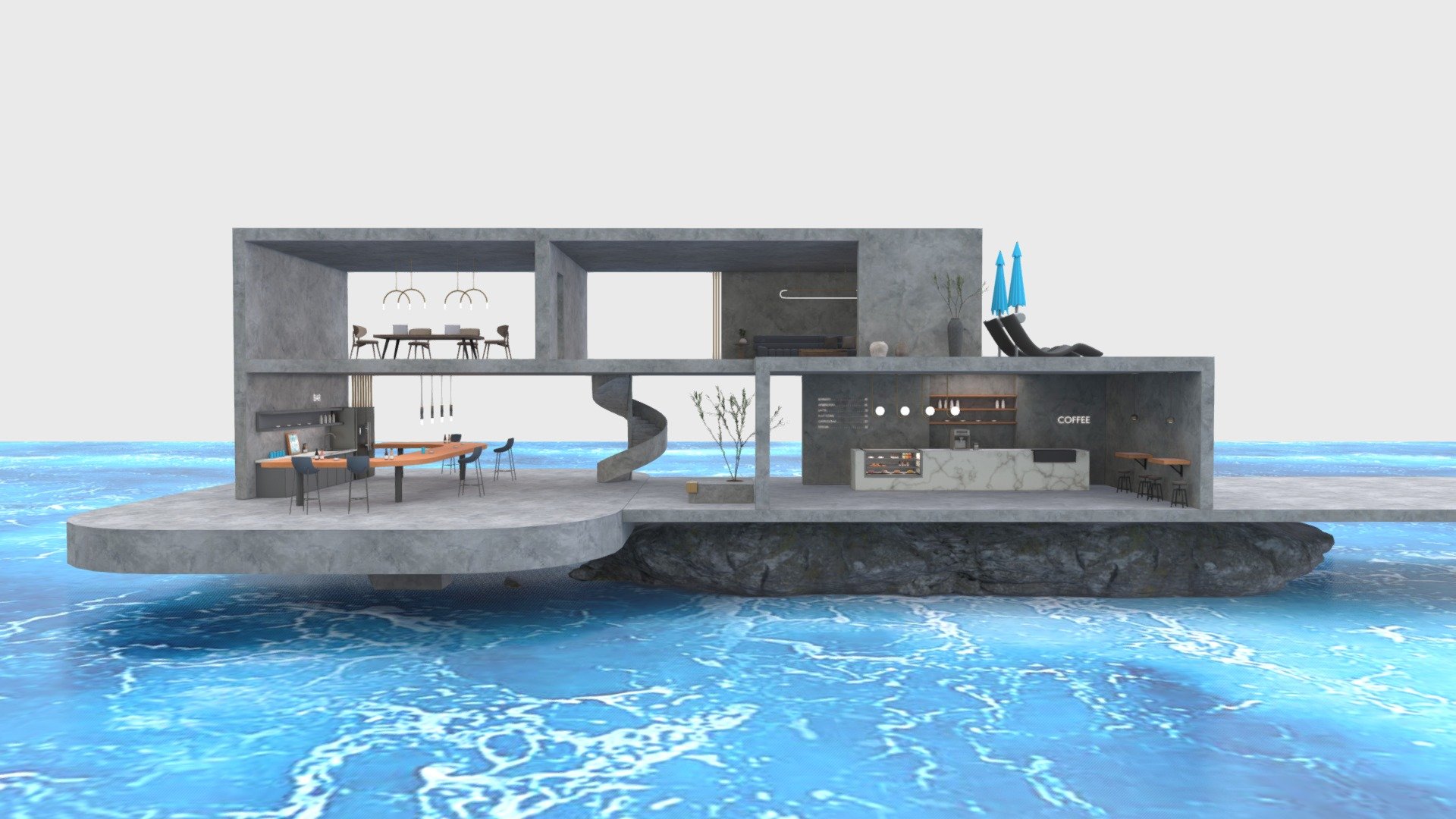 This is an open space on the sea or lake, based on the stone, concrete constructure frame, give it a modern and industrial looking style.
It combines bar, counter, meeting room and balcony, suit for party holding or showcasing.




Scaled in real world dimensions

Hi res textures baked

🔥Note: Spatial seat hotspots supported ( You need to download the additional files which named “with hotspots” )

🔥Note: High quality baking pics supported ( You need to download the additional files which named “High quality baking pics” )