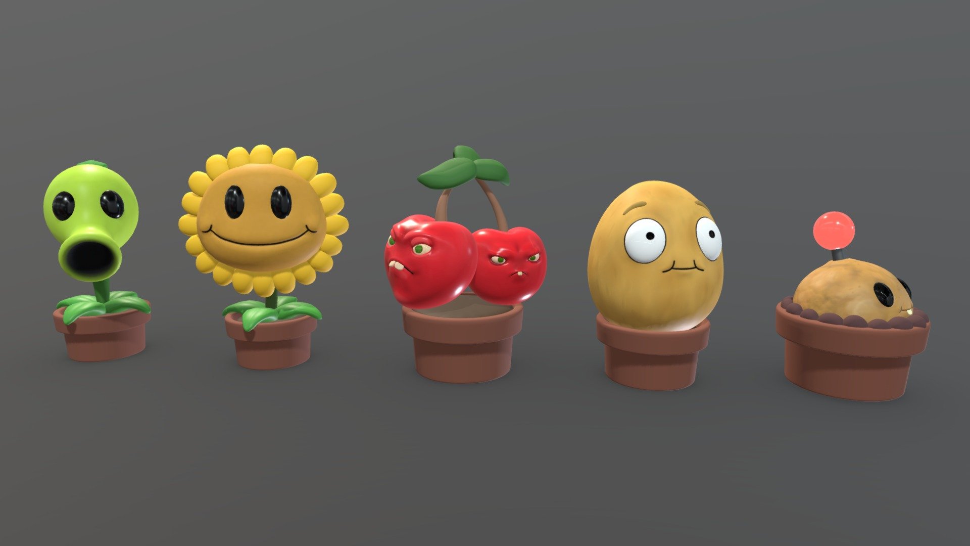 The zombies are coming, choose your plants.

Characters: Peashooter, Sunflower, Cherry Bomb, Wall-nut and Potato Mine.
Videogames: Plants vs Zombies

Program: Zbrush
Retopology: Autodesk Maya
Render: Blender (Cycles)
Textures: Substance Painter

https://los-lolos.itch.io/plants-vs-zombies