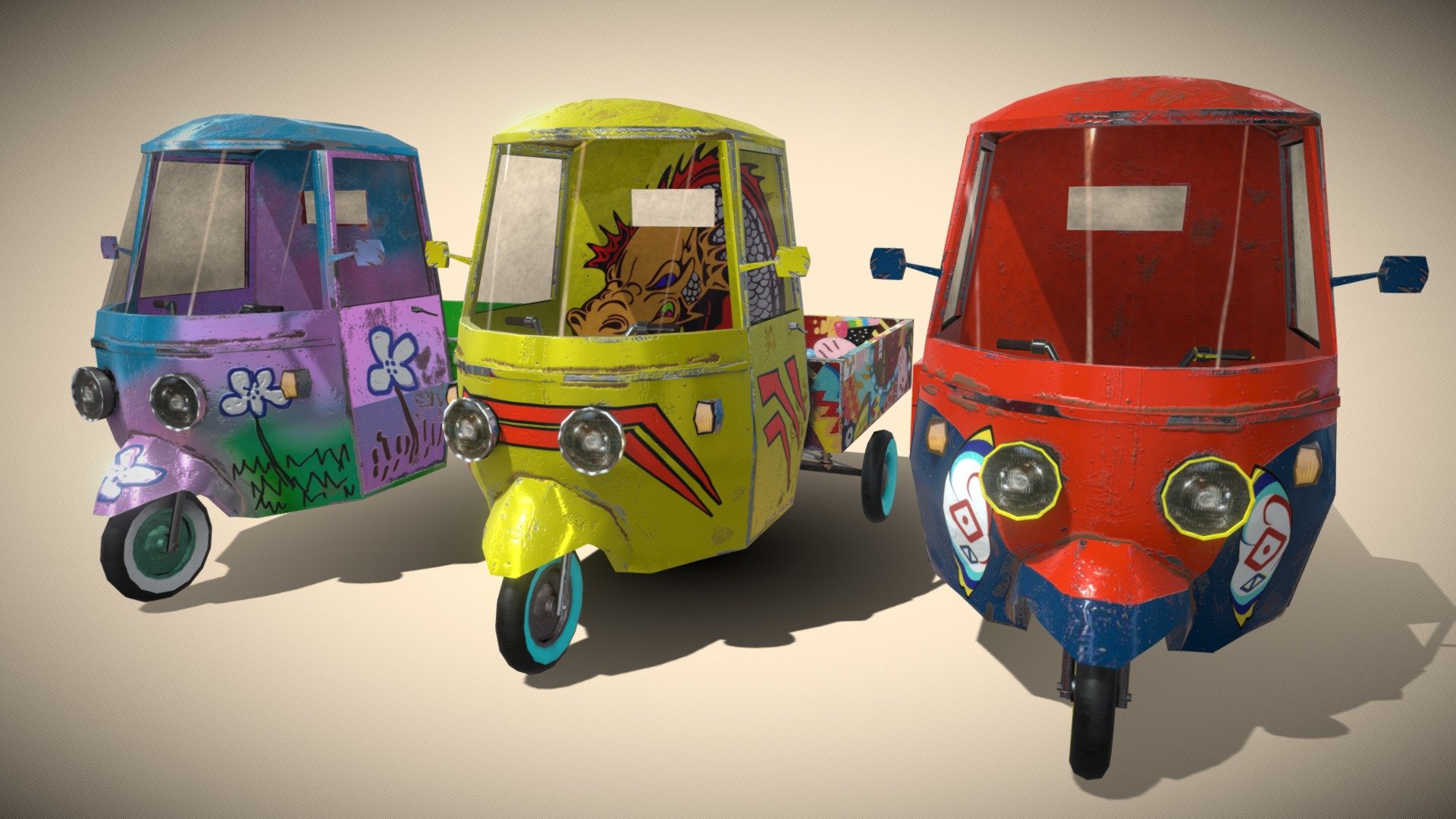 3 bikes with 3 wheels with 3 different textures. Models with few polygons, good to use in games. In an additional download, go the models separately, but the textures and also in more formats, .dae .fbx .obj