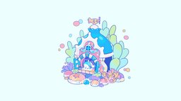 Shark Cottage - Concept by Requinoesis shark, cute, cottage, underwater, rocks, coral, soft, starfish, colorful, seaweed, pastel, clam, cartoon, stylized, concept
