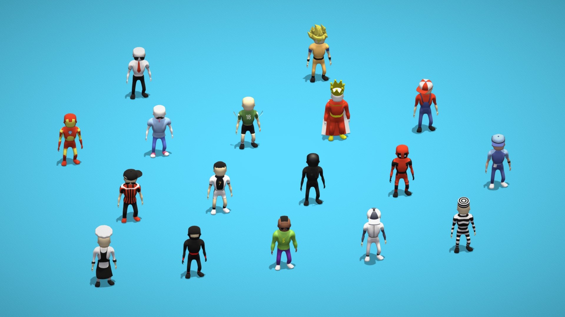 Presenting Hyper Casual - Stickman Characters
Pack includes hyper-casual stickman characters in a variety of 17 different characters.
A low-poly set of character resources for creating games in the Hyper Casual genre.
All characters have the mixamo Rig and Idle Animation.

You can also rig and animate the model on your own or also change the animations directly in mixamo. You can make color variants by changing their material colors.

Characters Included: Football Player, Thief, Rockstar, Doctor, Rugby Player, Cricketer, Chef, Dancer, Goku, Spy Agent, Deadpool, Ironman, etc. 

Grab this character pack for your game or any other purposes at a very budget-friendly price rate. Please like and give valuable comments for this pack. Thank You.