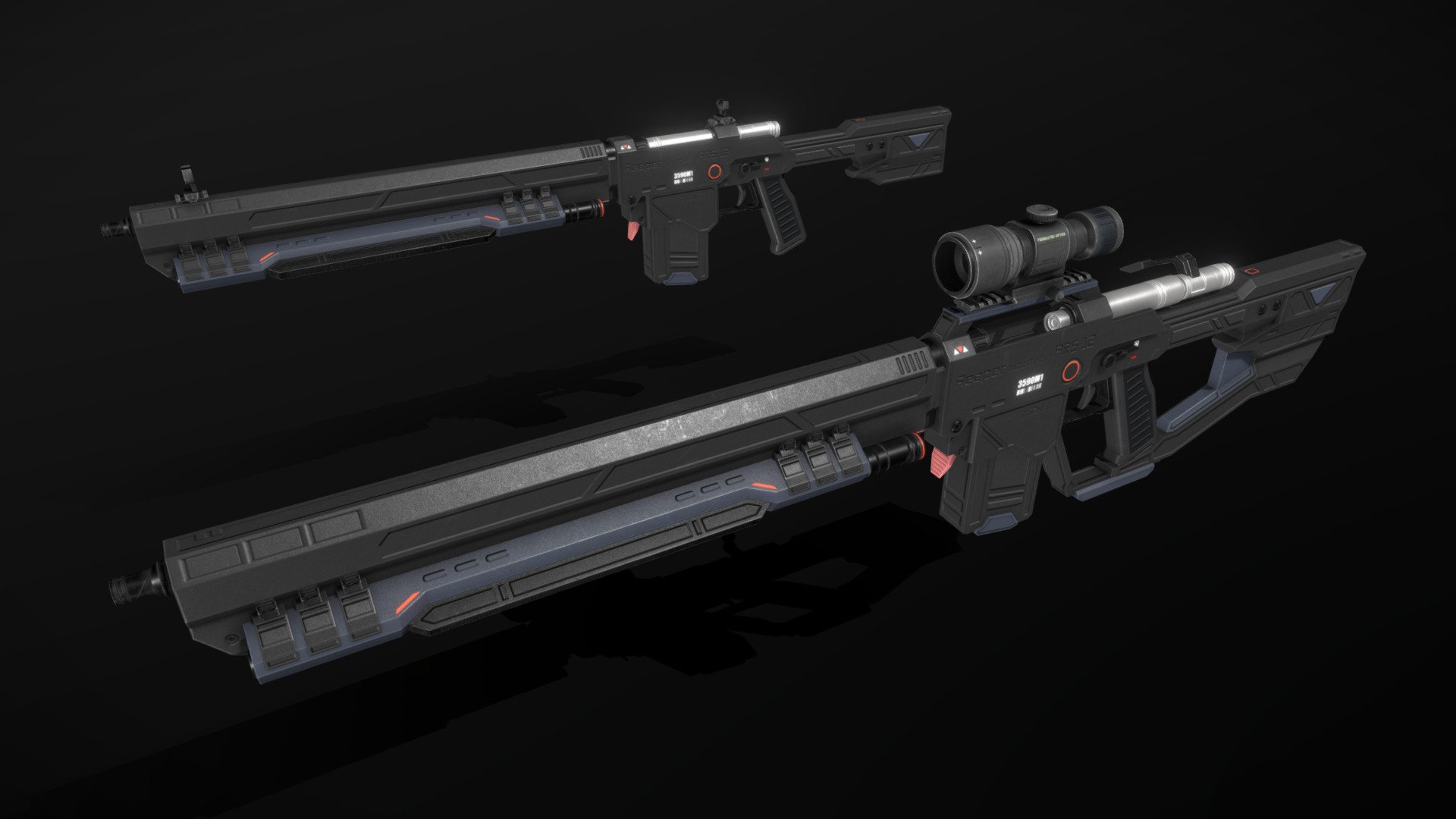 This is a model of a low-poly and game-ready scifi weapon. 

The weapon is composed of separate meshes that can be animated with a keyframe animation tool. 

The following modular equipment is included in this model pack: 6 types of ammunition, silencer, duckbill, 2 types of ironsights, 2 reflex sights, one scope, 3 picatinny rails, foregrip, 2 flashlights, 2 laser sights, 3 shotgun shell holders.

The model comes with several differently colored texture sets. The PSD file with intact layers is included.

Please note: The textures in the Sketchfab viewer have a reduced resolution to improve Sketchfab loading speed.

If you have bought this model please make sure to download the “additional file”.  It contains FBX and OBJ meshes, full resolution textures and the source PSDs with intact layers. The meshes are separate and can be animated (e.g. firing animations).