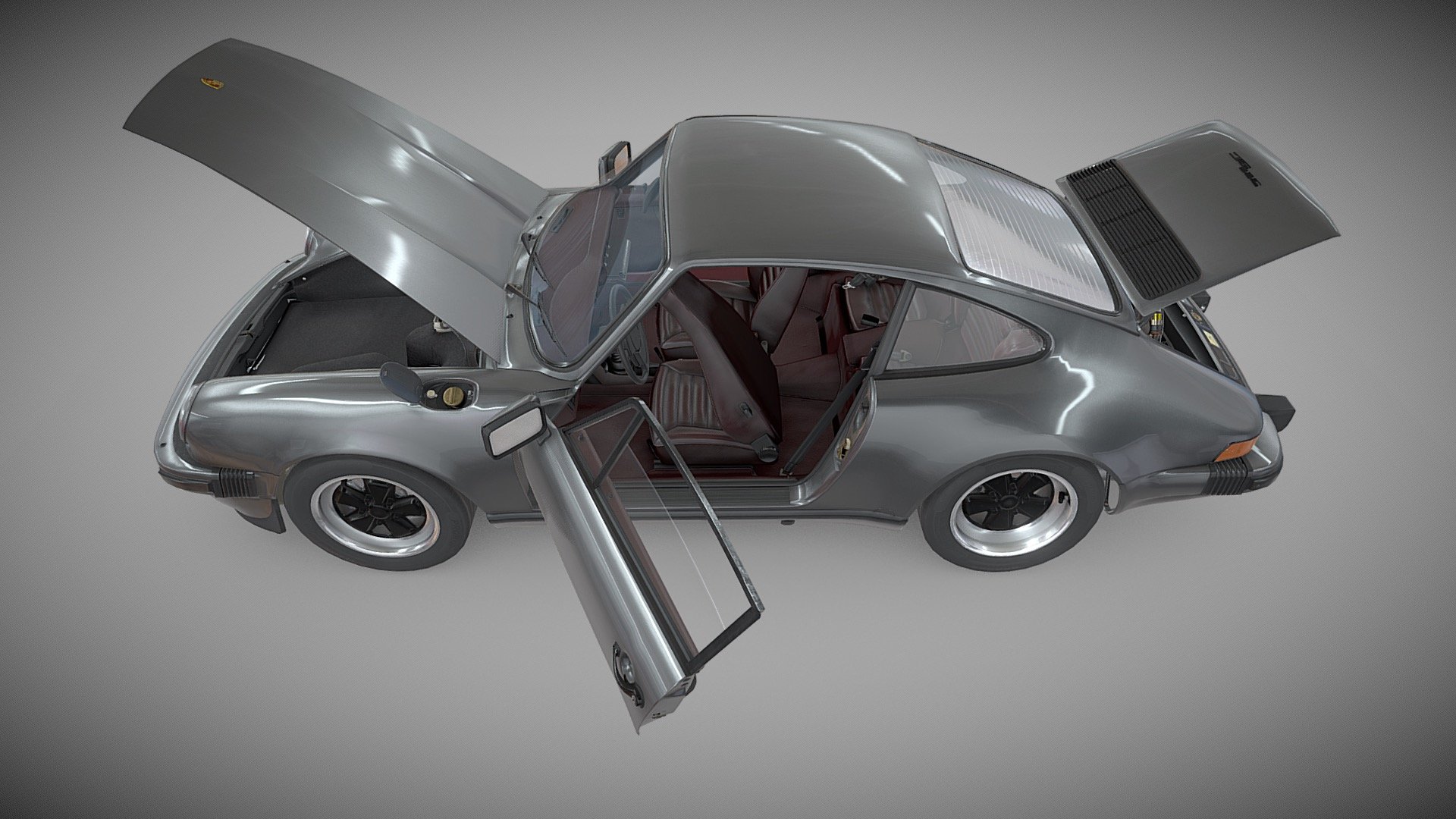 The 911 SC with 3.0 litre Flat Six engine. In anthrazit metallic with burgundy interior. 
The model is complete and correct, remade several times to match the exact measures and technical details. Includes the flatsix engine model with 915 gearbox.
You can have a look at all the details in an animated version here

The boot interior, cabin, engine, chassis, everything is there. I didn't bake the textures or the mesh to make all the separate models available and ready to rig.