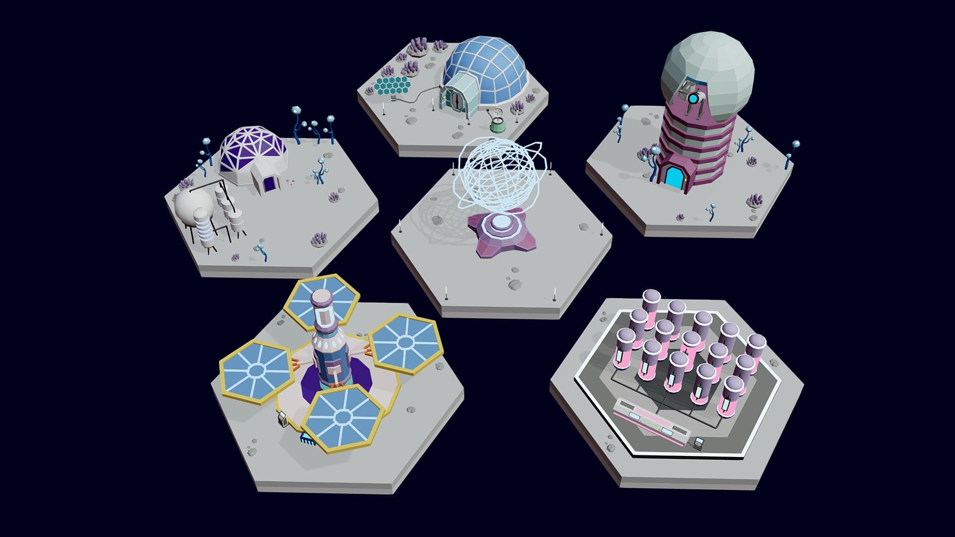 part of Low Poly Sci-Fi Tiles Lunar Zones download here

There are only 5 tiles out of 20 ready tiles Low Poly Sci-Fi Tiles Lunar Zones

You can easily create any map that suits you by simply connecting the tiles. You can scale objects/models to the size you need.

You can also use the created objects (stations / solar battery / antenna / crystals / rock / lamps / cylinders / robot cars / spaceships / buildings / installations / telescope / computers / monuments and much more!) by yourself to create your own tiles/unique environments!
