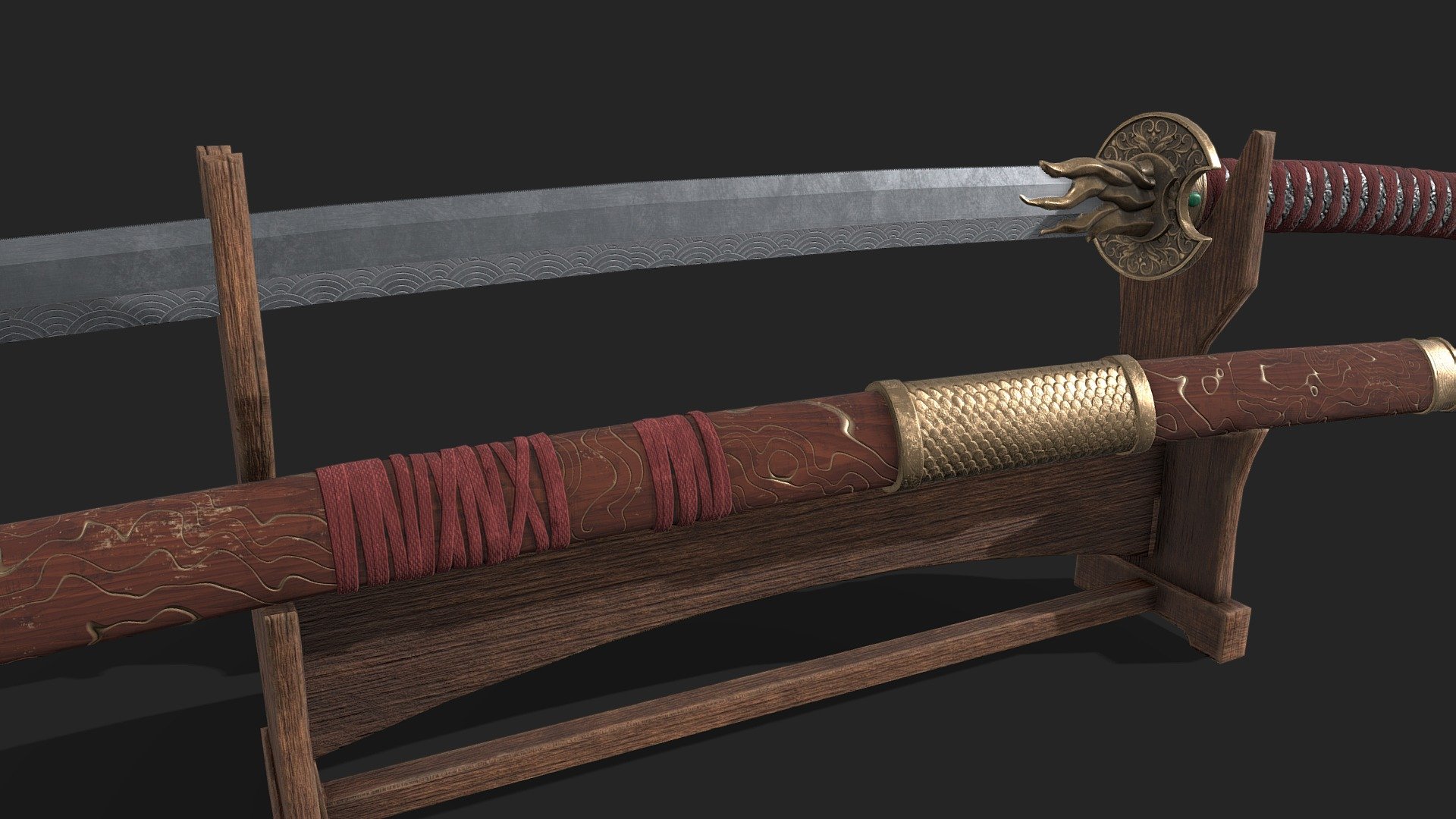 Katana 

Sword - 4096 Texture and 4 382 Tris.

Scabbard - 4096 Texture and 2 548 Tris.

Stand Base - - 2048 Texture and 678 Tris.

Textures include:

-Base Color

-Normal

-Roughness

-Metallic

-AO

I hope you like it.