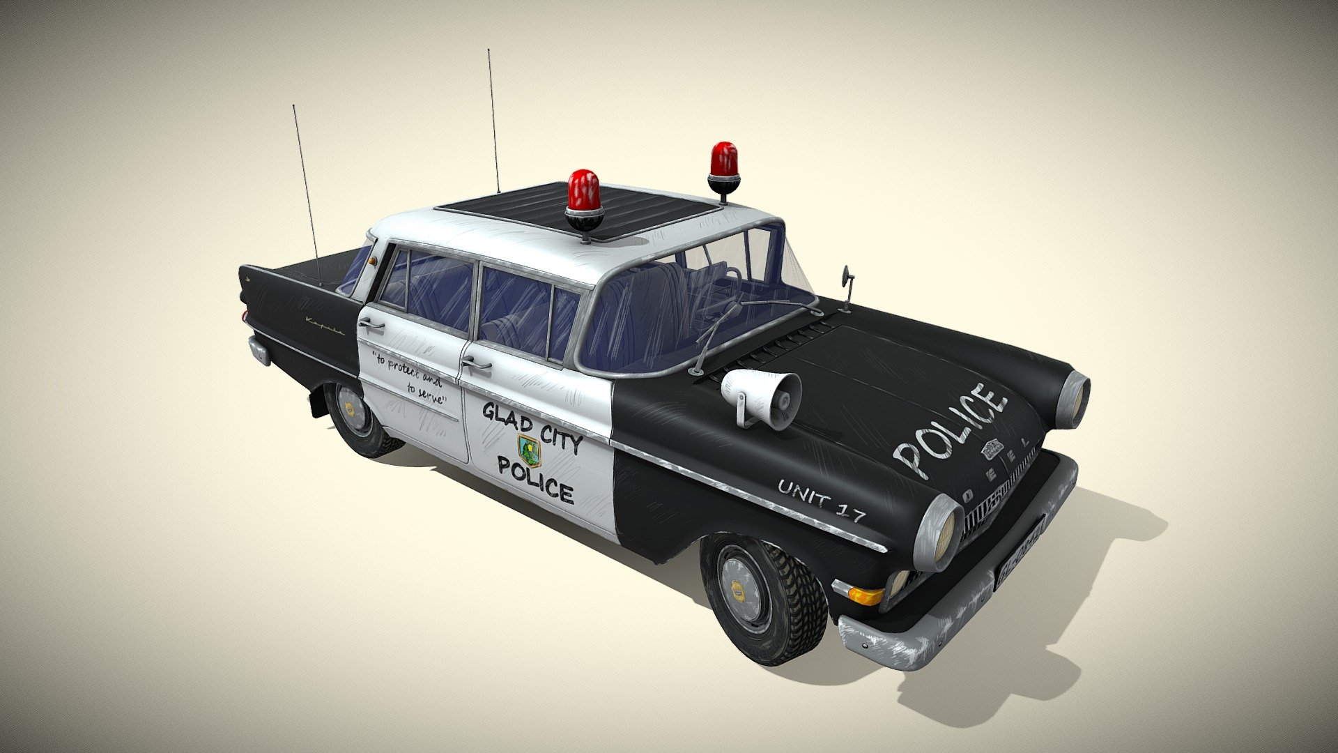 Stylized model of a police car from the classic era. Model comes with normal maps and diffuse. I din`t use metalness or roughness maps, just values. Interior, engine, trunk and underside is modelled also.  3x4096 main diffuse textures and 6 smaller textures for diffent details. I changed name from Opel to Oeel and other small logos for copyright reasons. I included psd textures and max file to download.