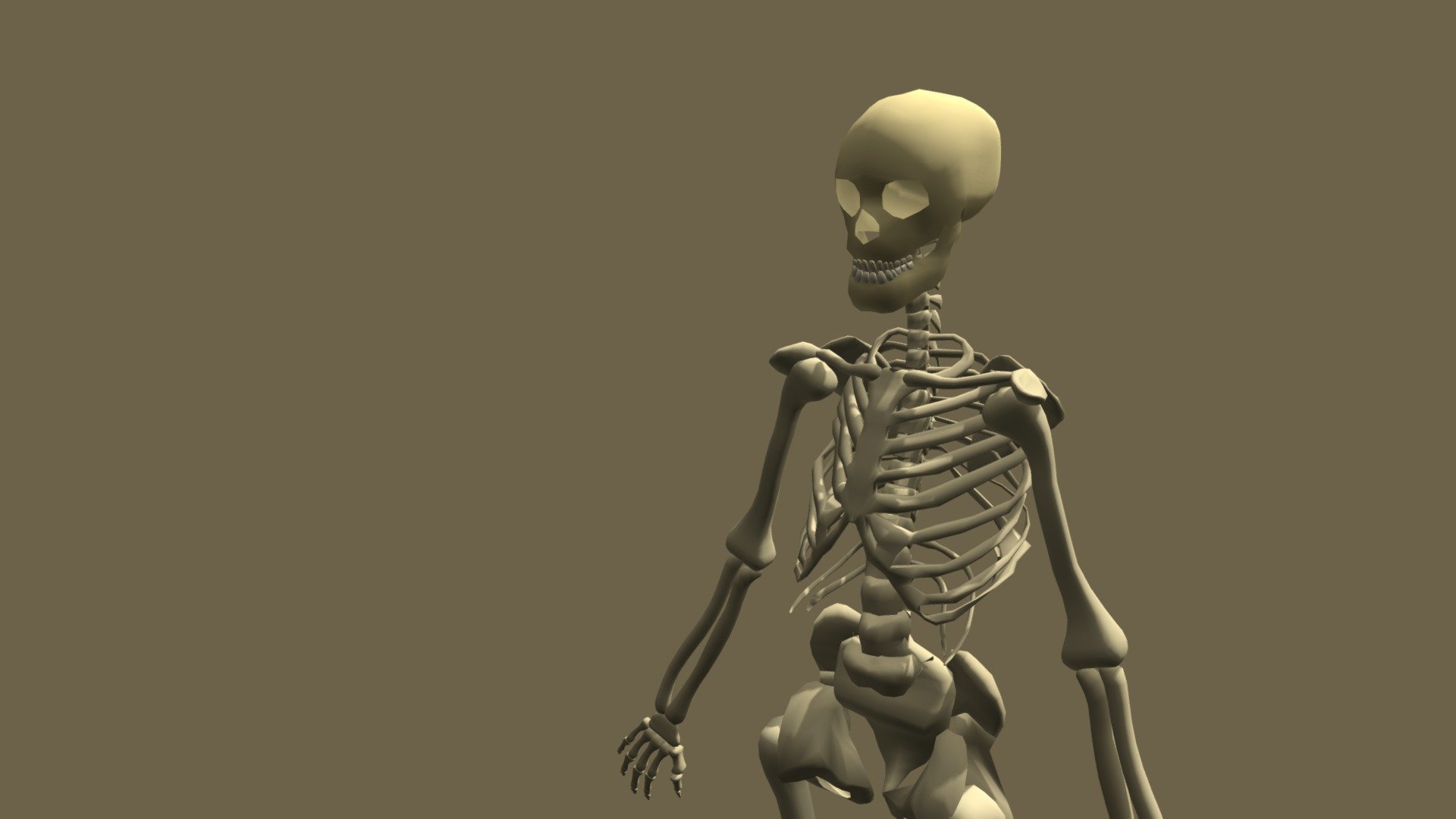 a low poly skeleton wich i create .all the principal bones are separe ( skull, spine , rib cage , ilium , femur , tibi , feet , humerus , radius , ulna ,and hand).
if someone want to download the model ,just post a comment.
sorry for my english.