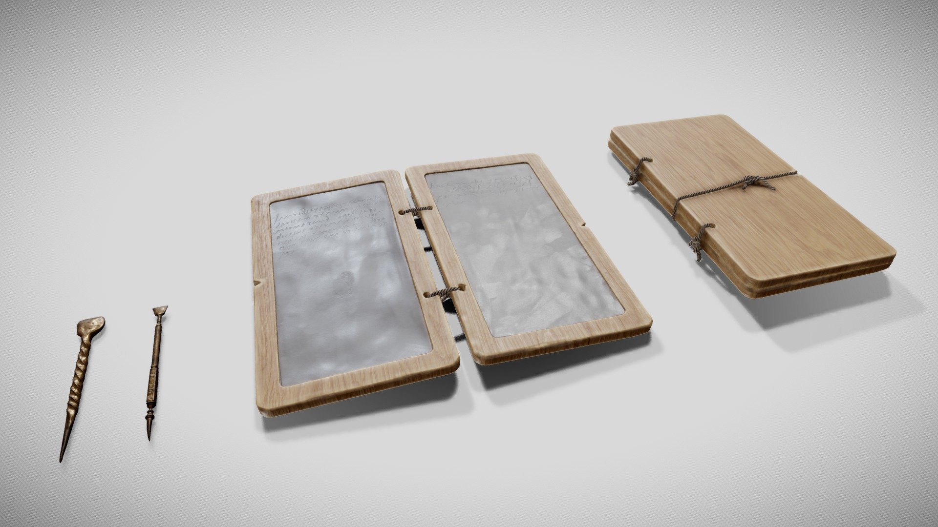 Want to give your renders an historically accurate touch? Here is an ancient writing set based on real artefacts found by archaeologists.
This kind of set composed of wax tablets and styluses was widely used during Antiquity, Middle Ages and Renaissance because it was reusable and way cheaper than paper, papyrus or parchment . Wax tablets were used as notebooks, to send messages, to do calculations, to learn to write..

**What's inside? **




Stylus 1 : Bronze, based on a real medieval object (14th century)

Stylus 2 : Bronzed, base on a real roman object (1st century B.C. - 1st century A.D.) with the Latin inscription AMORI ARS MEA CVM STVDIO PROCEDET

A wax tablet opened with a latin inscription

A wax tablet closed (Meshes are identical in the opened version) 

Textures




2 textures sets (Wax tablet/styluses)

Formats : PNG 16 bit/TGA :

Wax tablet texture size : 256, 512, 1024 (@ 20.48 px/cm) , 2048, 4096, 8192

Styluses texture size : 256 (@ 20.48 px/cm) , 512, 1024, 2048, 4096, 8192
