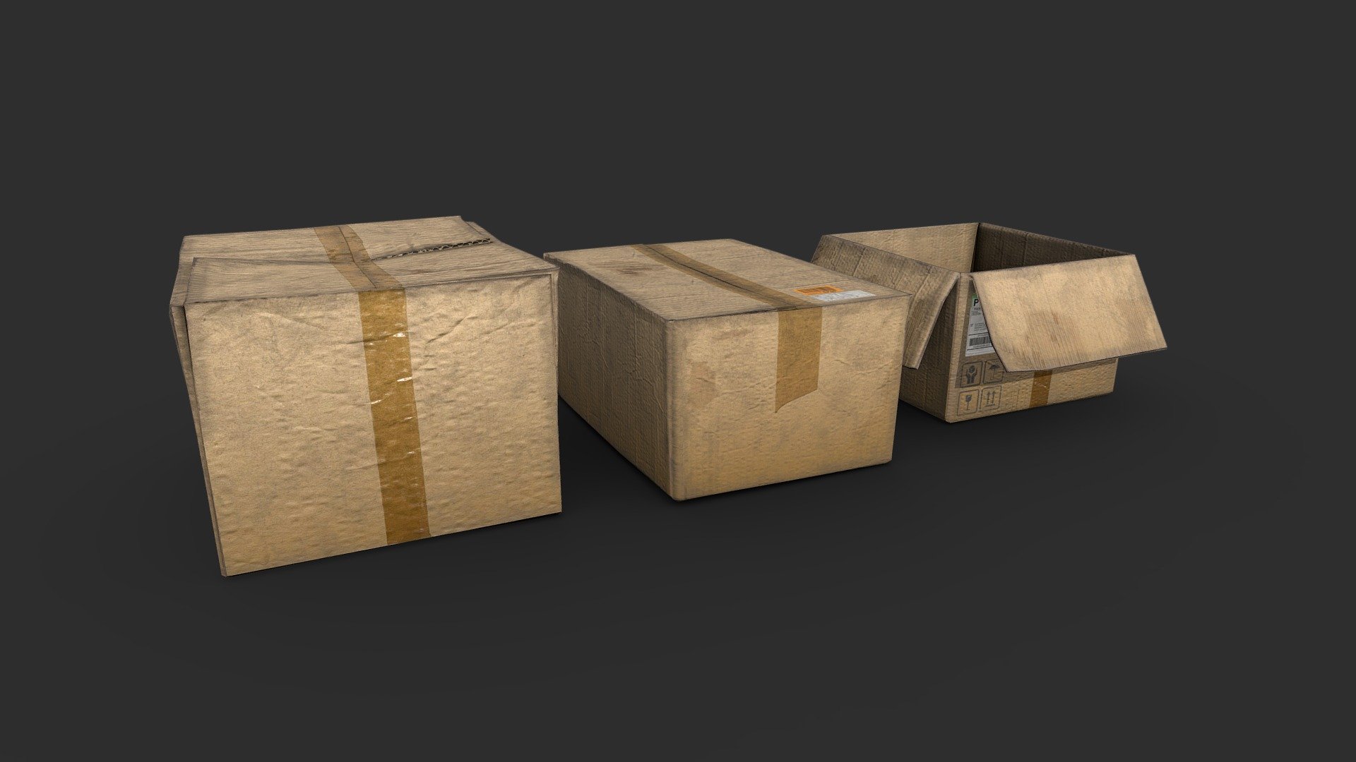 Low poly and photorealistic cardboard boxes, perfect for game environments.




File format: FBX, OBJ, MAX, BLEND

Triangles: 288, 188, 194

Textures: 2K, 1K (Albedo, Normal, Roughness, AO)
Real-world scale
