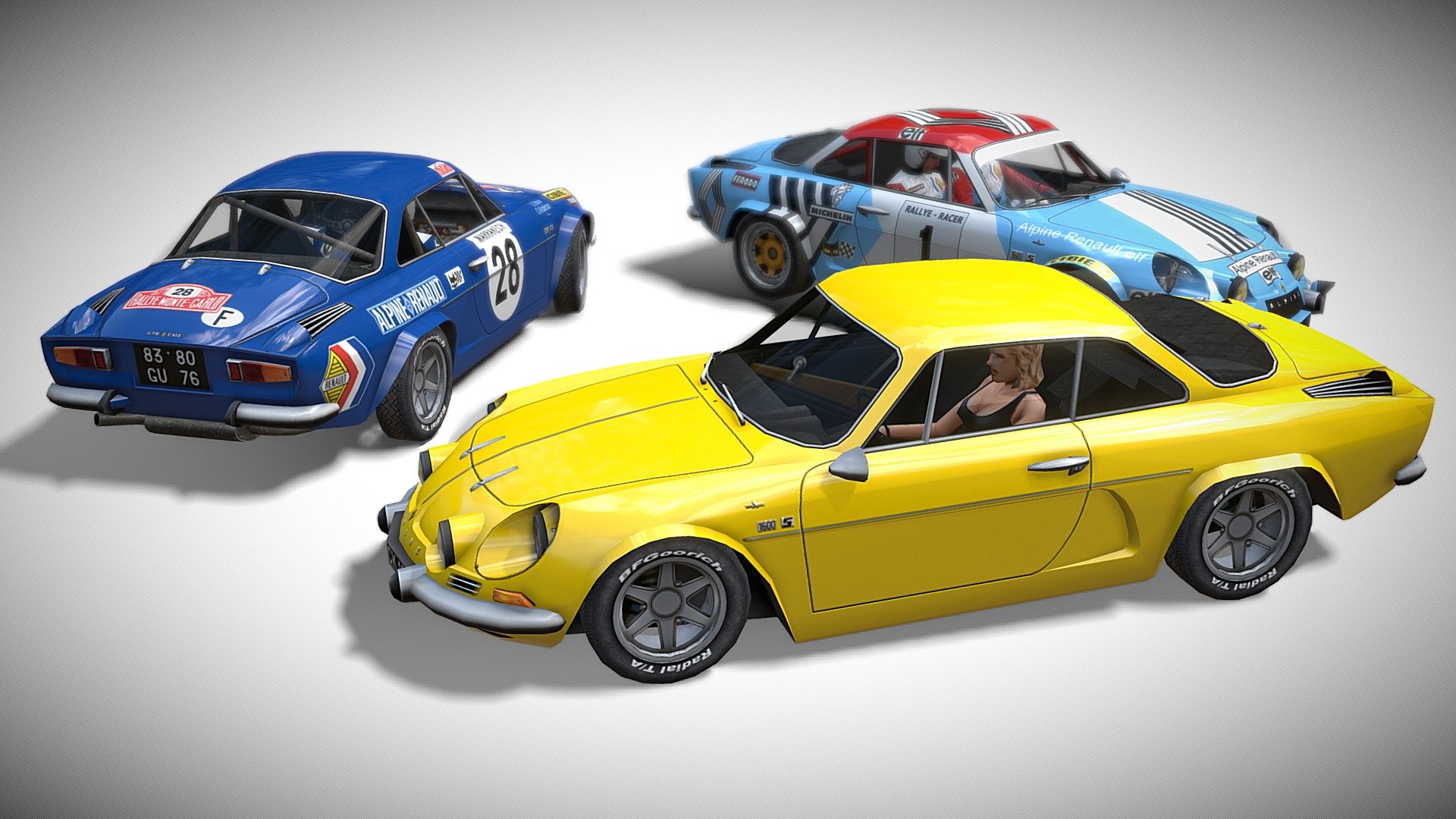 This is one of my first car models I built for a free independant racing game that allowed user generated content (racer.nl).  It had a wonderful community that i do miss quite a bit.  This was created before normal maps, high poly counts, and Substance Painter, but at least we had Photoshop&hellip;

The Renault Alpine A110 is one of my favorite vintage automobiles of all time.  I have only seen this car once in the flesh, and hope to again some day, it's so beautiful to me.  I have debated rebuilding this model as a high poly asset many times so I dug it out to see how it holds up in Sketchfab all these years later.  See what you think and maybe download it for fun.  Unfortunately I seem to have lost all the source PSD files for the textures and offer no tech support on the model (it is nearly 20 years old after all).

a110 Rally01 (#1): 5327 tris
a110 Rally02 (#28): 5293 tris
a110 Street (yellow): 4930 tris

I hope you enjoy the early 2000's retro video game model experience.