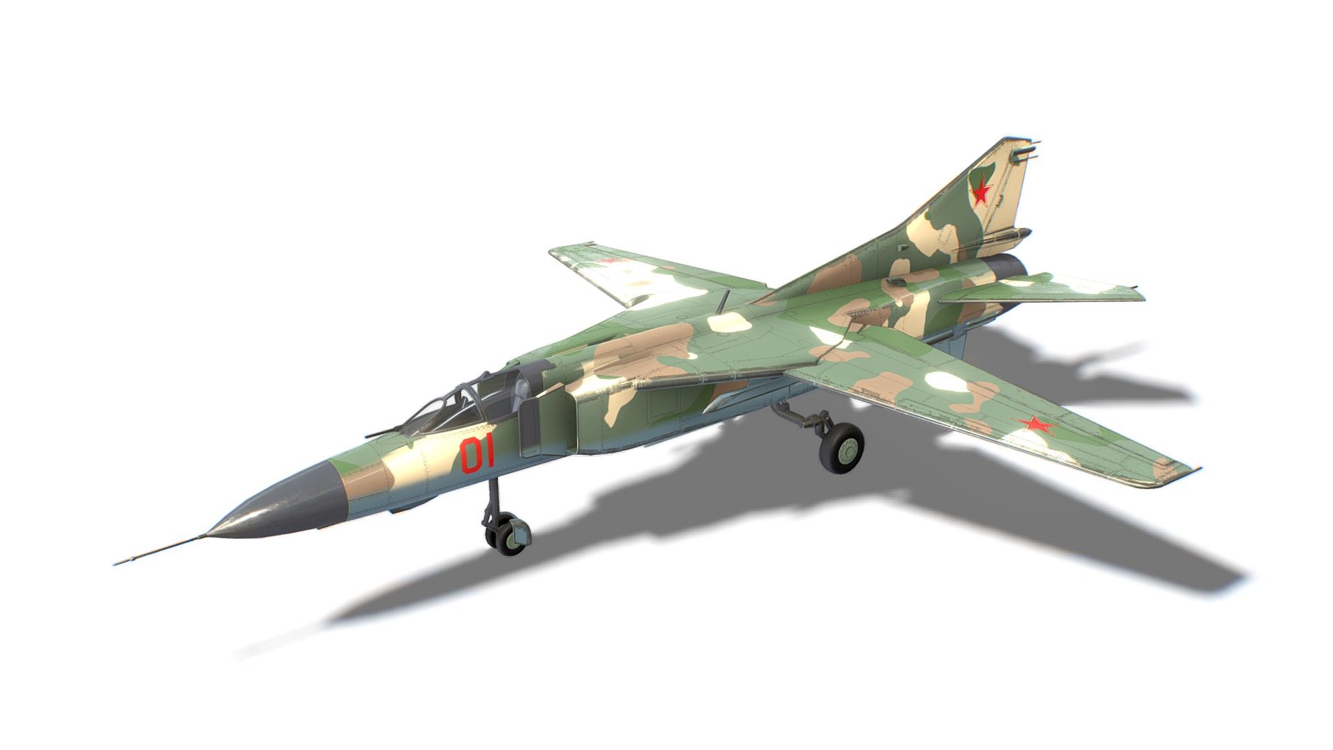 The model looks like a MIG-23 Flogger. All parts of the model were made in full accordance with the original. Each dynamical part is separated and has correct pivot points, that allow easy animation and use in games. 

Advanced information:
- single material for whole mesh;
- set of 4K PBR textures;
- set of 4K Unreal PBR textures;
- set of 4K Unity PBR textures;
- set of 4K CryEngine PBR textures;
- FBX, DAE, ABC, OBJ and X3D file formats;
- 4 level of details;

Mesh details:
LOD0 - 10294
LOD1 - 5146
LOD2 - 2573
LOD3 - 300