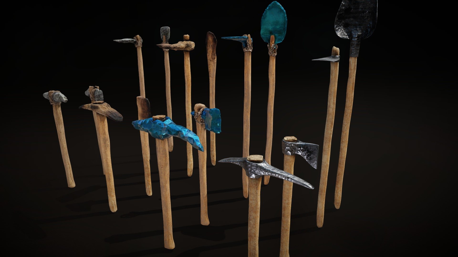 Weird idea&hellip; Minecraft tools, realistic. Like literally made on working bench so they are raw and simple as possible. 

No fancy finish, no polishing, you slap wood sticks and material and combine them with your hands.

Materials are separated by.... materials, so diamond, wood, iron and stone. All in 4k PBR.

Made in Blender.