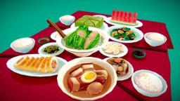 Vietnam New Year Foods food, plate, bowl, cuisine, meat, shrimp, rice, asian, traditional, vegetable, vietnam, supper, feast, substancepainter, handpainted, lowpoly