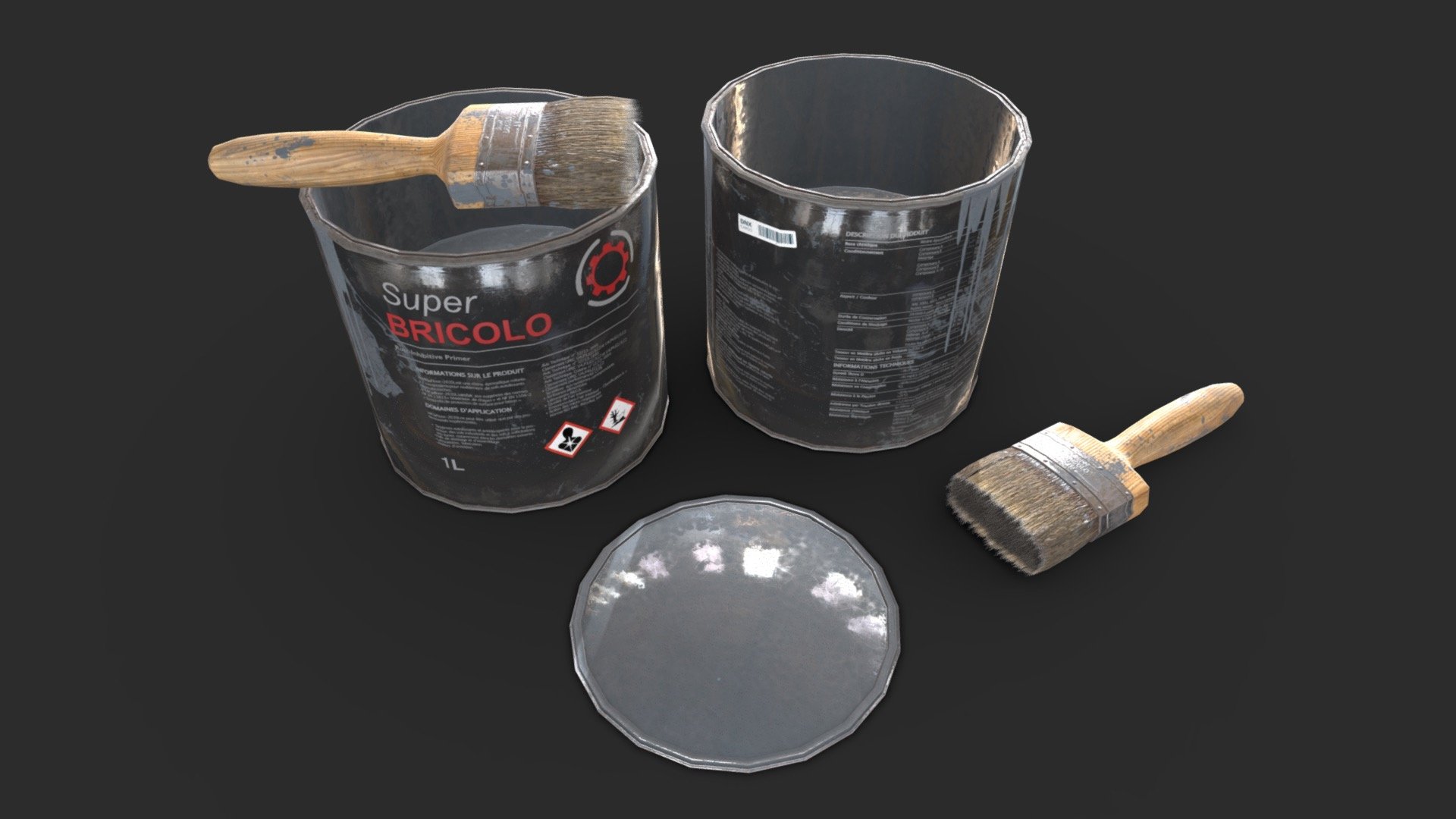 This paint bucket and brush including 3 individual objects with 3 LODs each and colliders. All elements are in realistic style and can be assembled to be used in any game (post-apo, first person shooter, construction… ). 

This AAA game asset of concrete pillars will embellish you scene and add more details which can help the gameplay and the game-design.

Low-poly model &amp; Blender native 2.93

SPECIFICATIONS




Objects : 3

Polygons : 1030

Subdivision ready : No

Render engine : Eevee (Cycles ready)

GAME SPECS




LODs : Yes (inside FBX for Unity &amp; Unreal)

Numbers of LODs : 3

Collider : Yes

Lightmap UV : No

EXPORTED FORMATS




FBX

Collada

OBJ

GLTF

TEXTURES




Materials in scene : 1

Textures sizes : 2K

Textures types : Base Color, Metallic, Roughness, Normal (DirectX &amp; OpenGL), Heigh &amp; AO (also Unity &amp; Unreal workflow maps)

Textures format : PNG

GENERAL




Real scale : Yes

Scene objects are organized by groups
