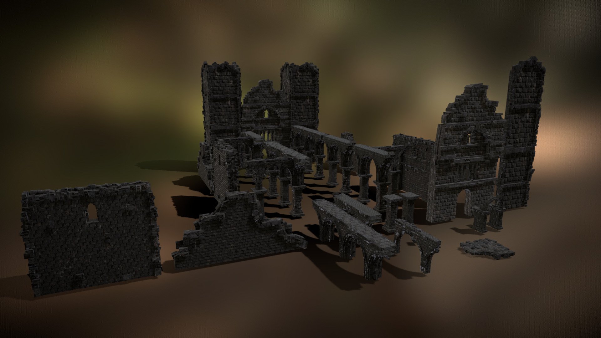 These assets are heavily inspired by what you can see in Elden Ring ruins.
The scene was mostly built to practice environment design, but it's still done with modularity in mind