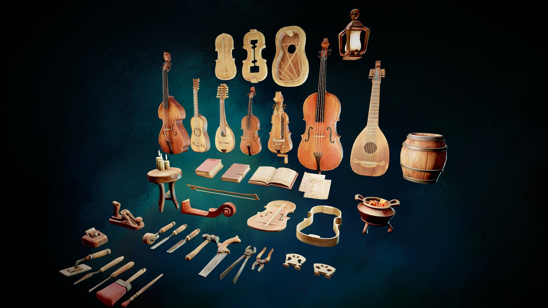 Make sure to download Additional File!

High quality PBR props with an artistic painterly look for the workshop of the instrument maker. 

Assets optimized for video games.




39 props

6 materials (only!) 

Additional file includes all props in .fbx as well as .blend

Each prop has a lightmap

no collision

Hammer, saw, chisels, barrel, pliers, pincers, planes, brushes are used to build variety of musical instruments: hurdy-gurdy, cello, violin, lute, viola, guitars, mandolin even a simple barrel. Scene is also iluminated by:  brazier, lantern and candles.

My website:https://conradjustin.art/