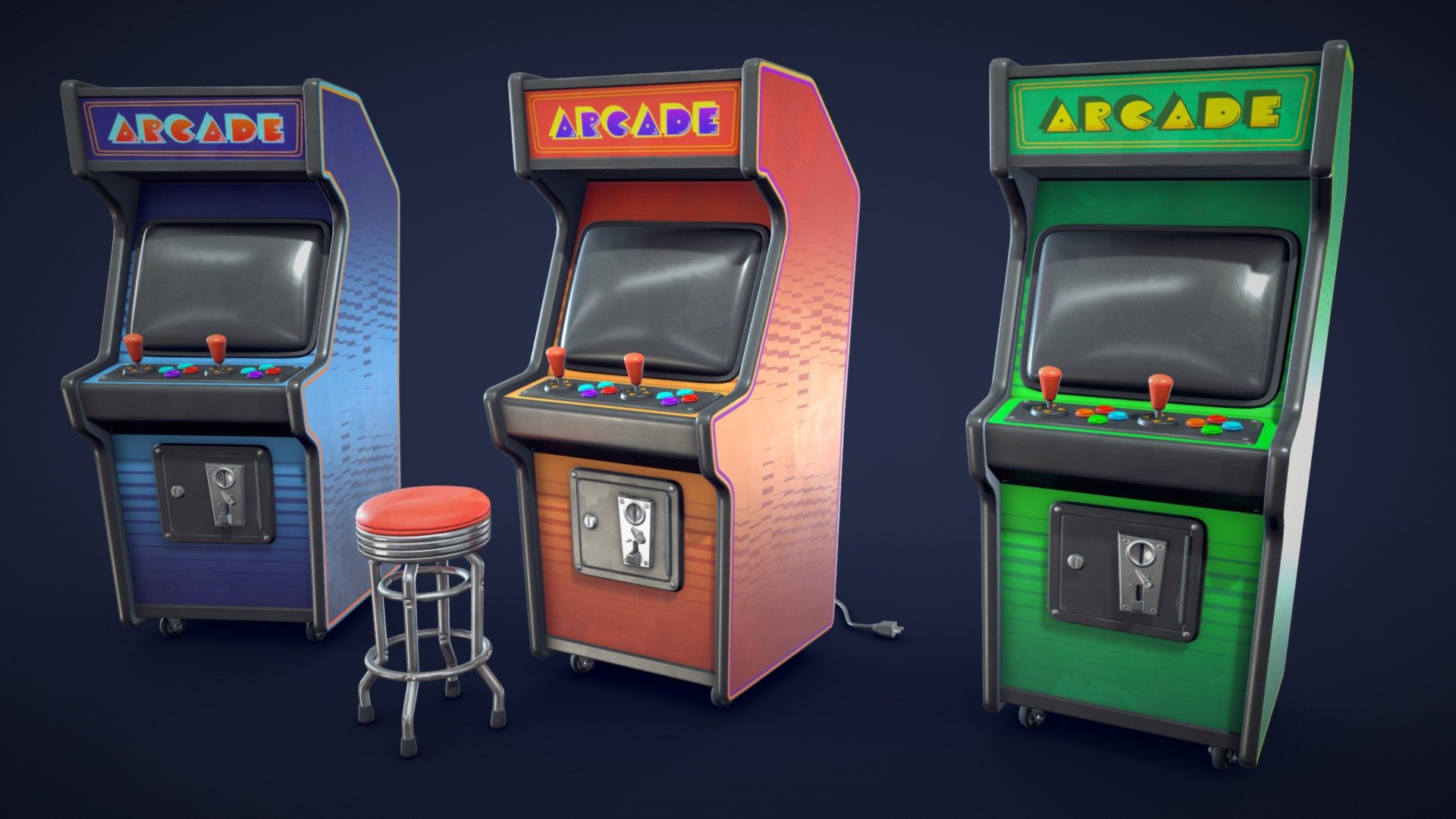 A 3D model of a retro-style arcade machine and arcade chair.
The asset also comes with several textures and materials that can be customized.
Whether you want to create a nostalgic arcade scene, a futuristic cyberpunk environment, or a whimsical fantasy world, this asset will add some fun and flair to your project.

Model information:




Optimized low-poly assets for real-time usage.

Optimized and clean UV mapping.

2K and 4K textures for the assets are included.

Compatible with Unreal Engine, Unity and similar engines.

Additional unposed arcade machine is included.

Additional cable meshes are included.

3 color variation textures are included.

All scene assets are included in a separate file as well. 

Here is a look at the assets included in this pack:
