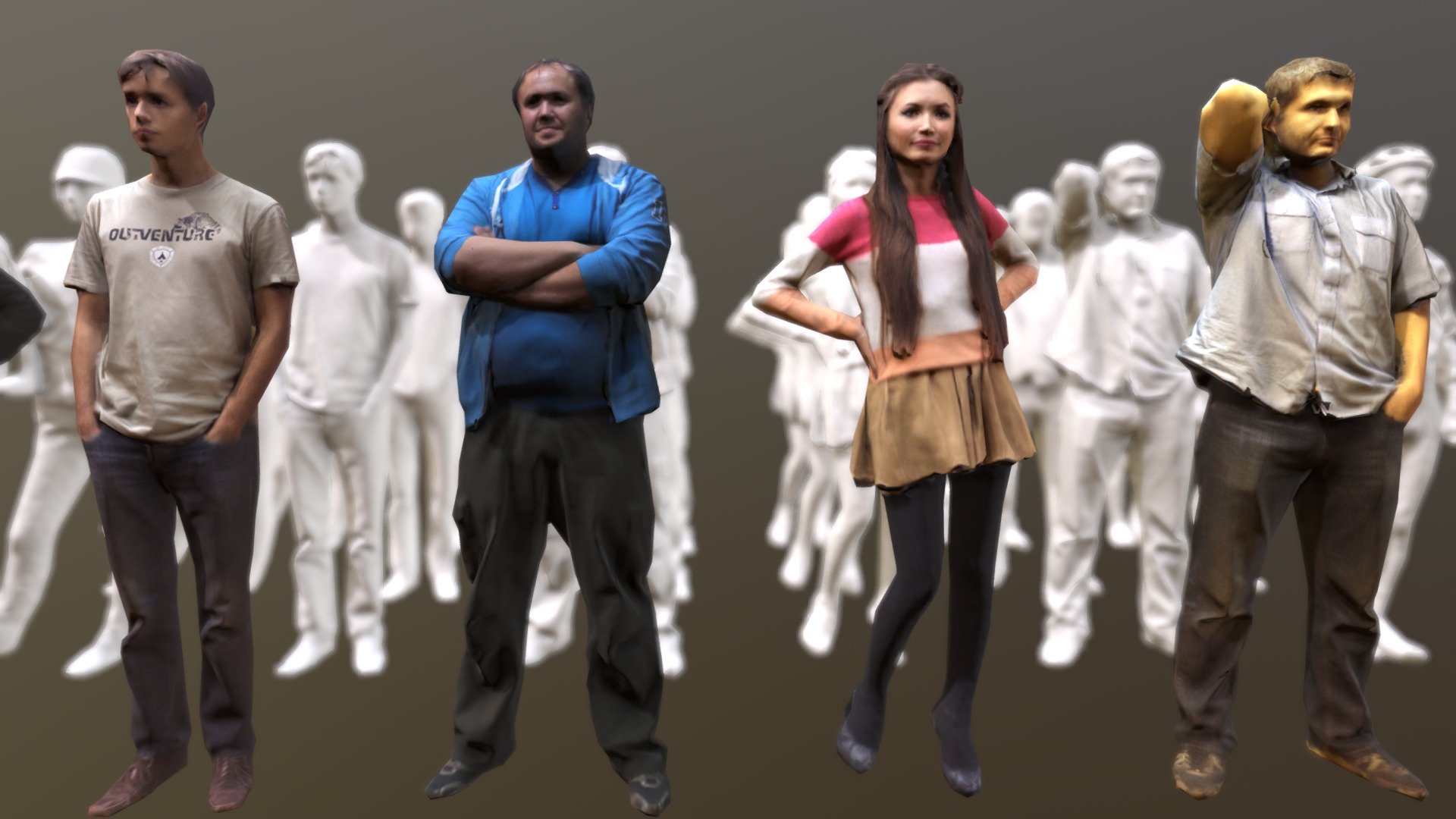 Still working on automated body scans (this time from @itseez3d) reprocessing. ( There are more! )

The noses are still bothering me, and I fear I'll have to include a manual step in my scripted workflow to keep more geometry on the face than on the body.

1500 triangles models, 1024px albedo and normal maps. The model materials are from front to back: 




albedo + normal map

normal map only

smoothed normals (no albedo, no normal map)

flat shaded

As usual, feel free to re-use for any purpose under the CC-attribution rules, and stay tuned to my lowpoly assets collection, as more will come soon!
