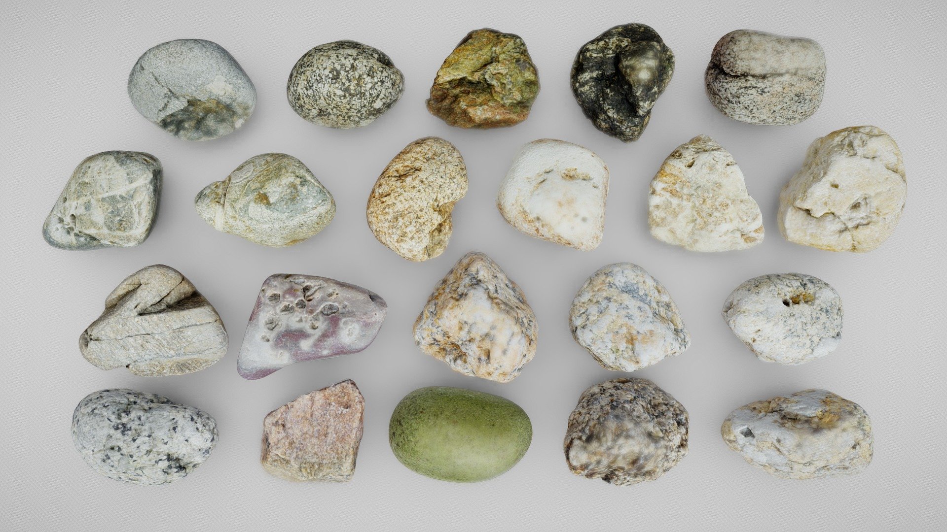 Other packs: pack 2, pack 3, pack 4

These assets were generated from scans of beach pebbles and stones I picked up on the shore between Plouguerneau and Roscoff, in France. I did not specifically select extraordinary samples, but rather tried to go for a broad diversity of colors and shapes in order to create an interesting pack.

Each prop in this bundle comes with .fbx, .obj and .dae formats, and is available in 5 different resolutions:




LOD0: 15k tris - 4096x4096 textures (albedo and normal maps)

LOD1: 5k tris - 2048x2048 (those are the ones visible here!)

LOD2: 1.5k tris - 1024x1024

LOD3: 500 tris - 512x512

LOD4: 150 tris - 256x256

If this fits your usage, you can also simply download the full collection of 84 rocks for free in the lowest resolution here :D

Enjoy !