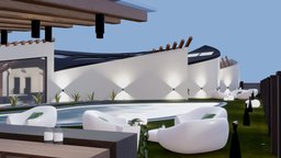 Meta Villa Blanc: VR Art & Meeting | Baked bar, room, modern, garden, restaurant, villa, exterior, luxury, garage, chairs, collection, tables, vr, ar, pool, hub, resort, spatial, gallery, museum, logo, professional, mansion, palms, conference, canvas, meta, meeting, exterior-design, artgallery, retreat, metaverse, bistrot, nft, architecture, design, house, space, gameready, augumentedreality, noai