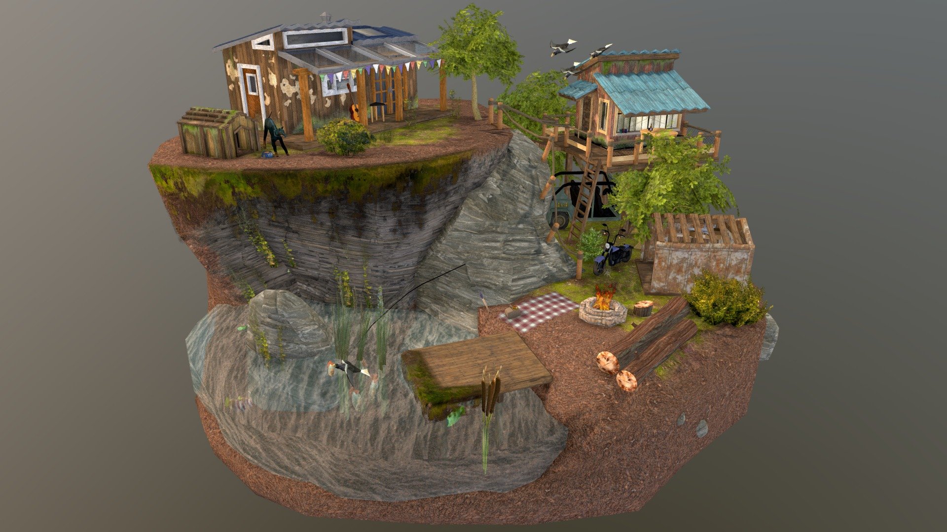 For my 3D1 Final, I decided to make a diorama based off my village back in India. Located atop mountains and surrounded by nature, a lush green environment, a lake, and, reimagined with semi-modern architecture, my diorama depicts what a forest loner might live like around that area.

It's messy, but for someone who's only modeled for more or less 6 months, I'm very proud of it.

As much as I'd like to state that this diorama is a solo effort, it wouldn't have been possible without the feedback of the extremely helpful DAE Community, including Andra, Theoni, Timeea, Verena, and Kris. 

Thank you very much! You're all awesome.