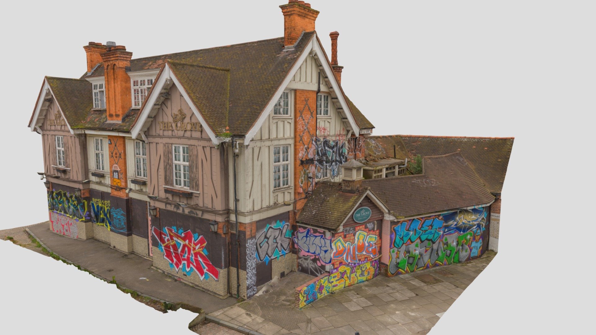 Photogrammetry Scan of an Abandoned Pub in south London. 

To ensure colour accuracy the Raw Photography was profiled with X-Rite ColorChecker and a unique profile created for sRGB Colour Gamut in Lightroom. 
Lods have been cleaned up to remove floating polygons and close holes (where possible). ote there are 2 diffuse maps with this package. The first diffuse map texture is the original photography he second map is called diffuse_3 and are delit for re-lighting so you have both options available to you.

Blender render of the 1 million poly asset (scene not included).




https://youtu.be/7aWmObts5JM

Zip package includes 4 LODs with 




1 million Polygon FBX model with 8k x10 UDIM Diffuse, Diffuse_3 Texture Maps and Normal Maps 

500k Polygon FBX model with 8k x5 UDIM Diffuse, Diffuse_3 Texture Maps and Normal Maps

200k Polygon FBX model with 8k x4 UDIM Diffuse, Diffuse_3 Texture Maps and Normal Maps 

50k Polygon FBX model with 8k x2 UDIM Diffuse, Diffuse_3 Texture Maps and Normal Maps
