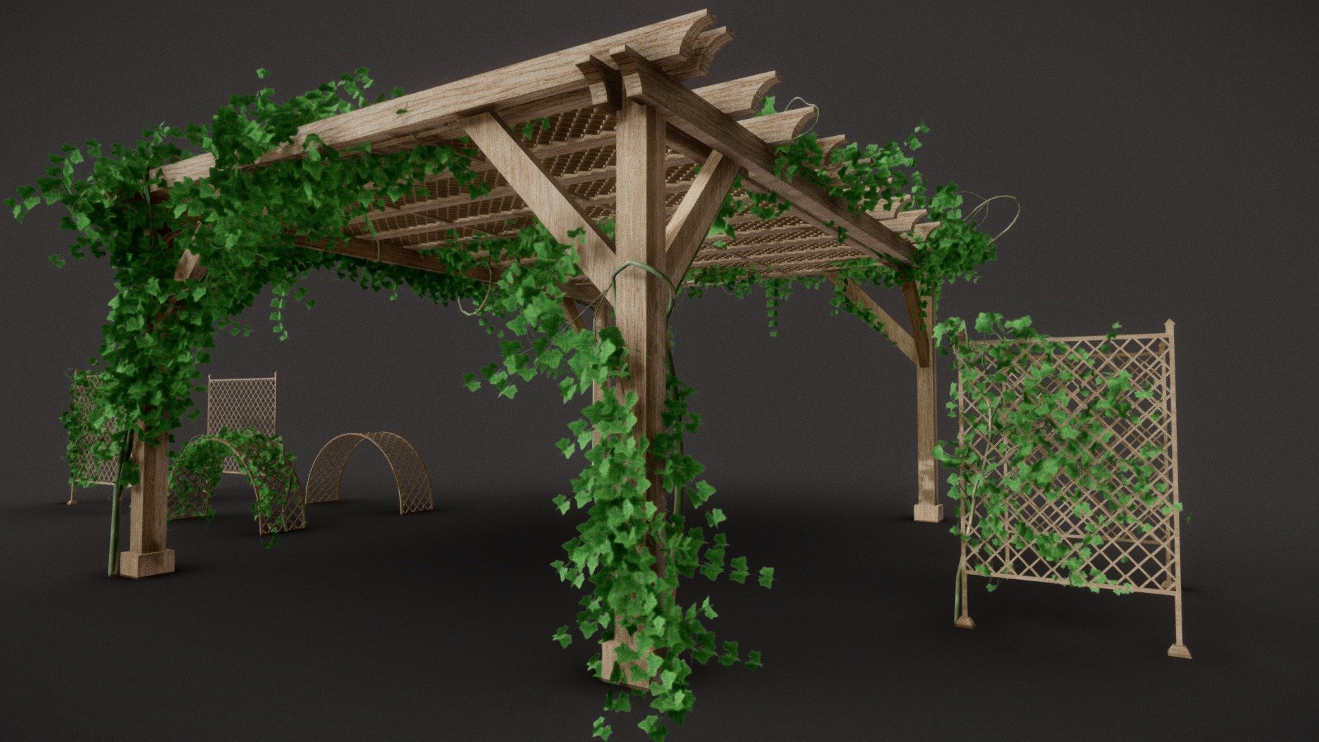 Garden Lattice And Pergola with 4k and 2k textures with vines/ivy.
All the Textures and blend files also included in the additional files.
What you'll get :-
* 5 variety of garden lattice which you can translate, rotate, scale and duplicate according to your requirements.
* 5 variety of garden lattice with vines on it.All the objects are seperated form each other like mesh,leaves and branches are grouped together but are seperated for further treatment.
* you can reuse the vines in your other assets .
* 1 Pergola with vines on it
Thank You!