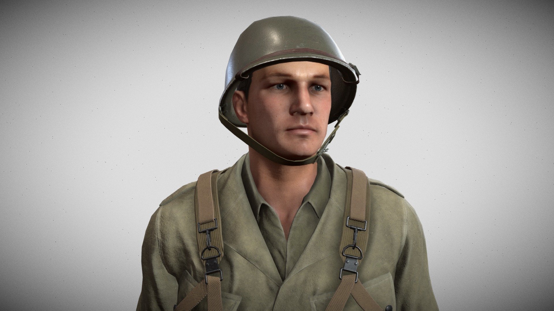Game-Ready PBR low-poly model of a WW2 US soldier. All materials and textures are included. The textures of the model are applied with UV Unwrap. Normal map was baked from a high poly model. Including 3dsmax and Blender, OBJ and FBX. Model is rigged and has a standard skeleton for Unreal Engine and Unity. The Character has no animation, the video only shows a demonstration.

38187 triangles 22195 vertices

Maps, tga:

body (4096x4096) boot (4096x4096) equipment  (4096x4096) helmet (4096x4096) jacket (4096x4096) pant (4096x4096) hair (2048x2048)