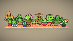 Cactus Family Kawaii Pixel / Voxel plant, hat, arcade, fanart, toon, cute, plants, pot, style, flower, garden, cactus, vintage, desert, fashion, flowers, love, mexican, cacti, nature, beautiful, smile, kawaii, homedecor, adorable, pixels, digitalart, houseplant, cactuses, character, cartoon, blender, art, lowpoly, blender3d, voxel, design, stylized, rock, voxelart, pixel, pixelart
