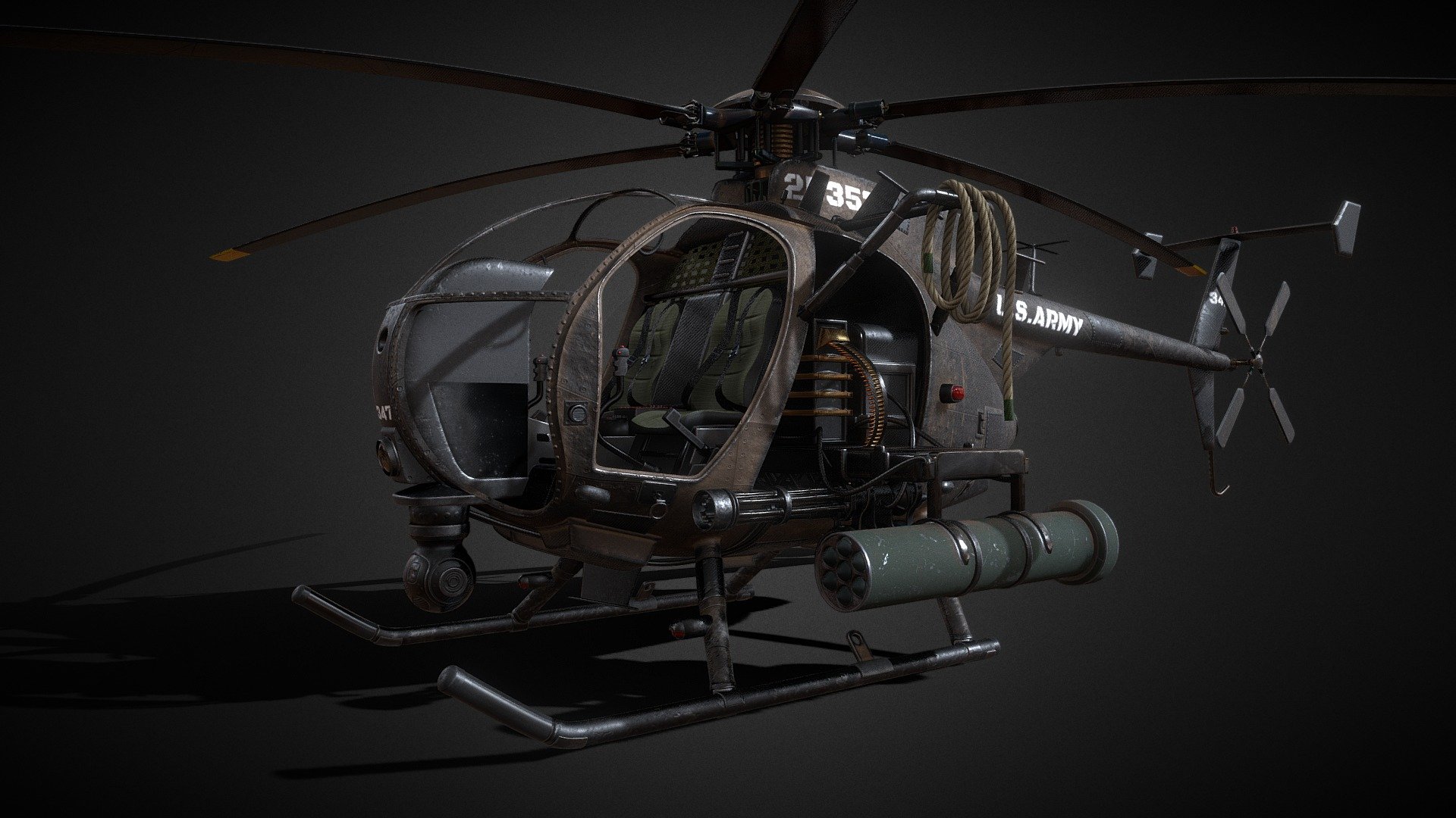 Attack Military Helicopter (MH6 Little Bird)

This model is made in blender version 3.4

No animation

PBR Texture (Metallic)

4096x4096px png/jpg textures, including Albedo, Normal, Ambient Occlusion, Metallic, Roughness and Emissive maps

Note: 
1. This model is divided into 5 different parts, which means a 4K texture for each part of the helicopter
2. In additional files you can find glass parts for this model without texture

Others:

You can also check out these newly released models:




Professional Tripod

Video Camera Canon LEGRIA HF R806

Survival Horror Pack

Where to follow my art? Check this awesome page.

I will be happy for a review or comment