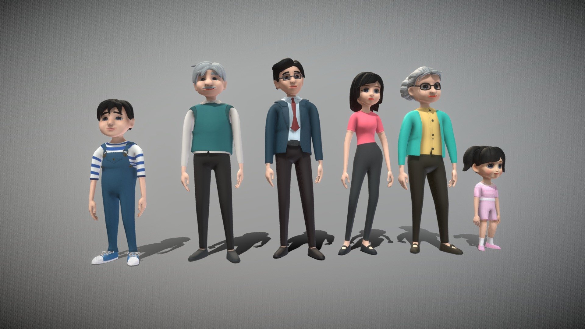 3D Model File Purchase Link:  https://www.fab.com/listings/db0dfa48-d76d-4ed1-a639-adf47d5269e8  

This is a collection of 6 family members. They are cute. They are dad, mom, grandpa, grandma, daughter, son. 

Materials with 2048 * 2048 textures.

Triangles: 418144  Vertices: 212771

(Viewer Setting above are just a preview and may vary drastically depending on your lighting and shading setup on the final application)

If you have any questions, please feel free to contact me.
 
E-mail: zhangshangbin1314159@gmail.com
