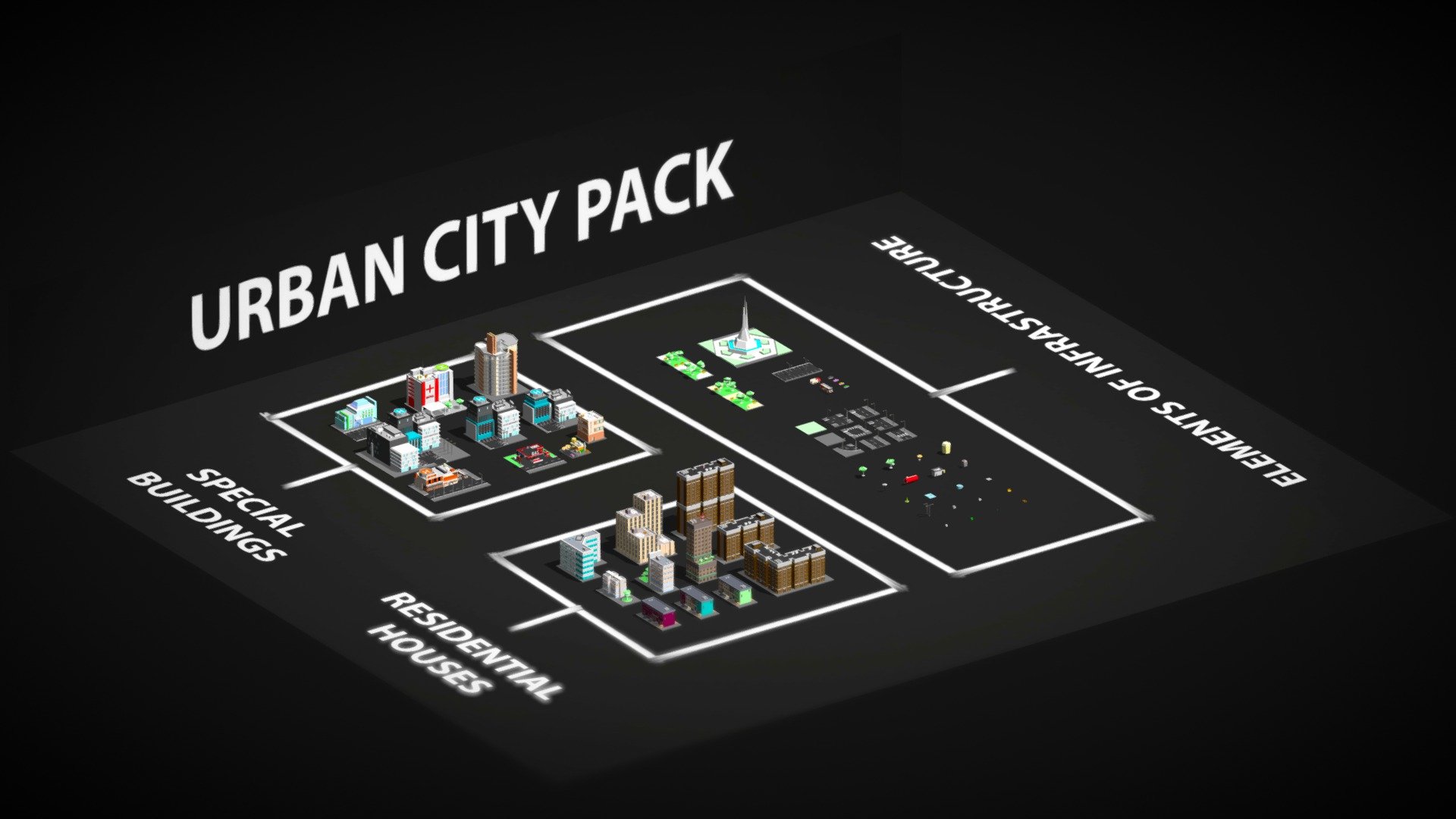 *.3ds format
What's include:




11 residential buildings

3 types of police departments

Fire station

Burger shop

Hospital

Motel

Business center

Mall

Gas station

Also:
* 9 types of roads,
* 3 types vehicles with different colors,
* 3 types of parks,
* more than 20 types of urban elements.