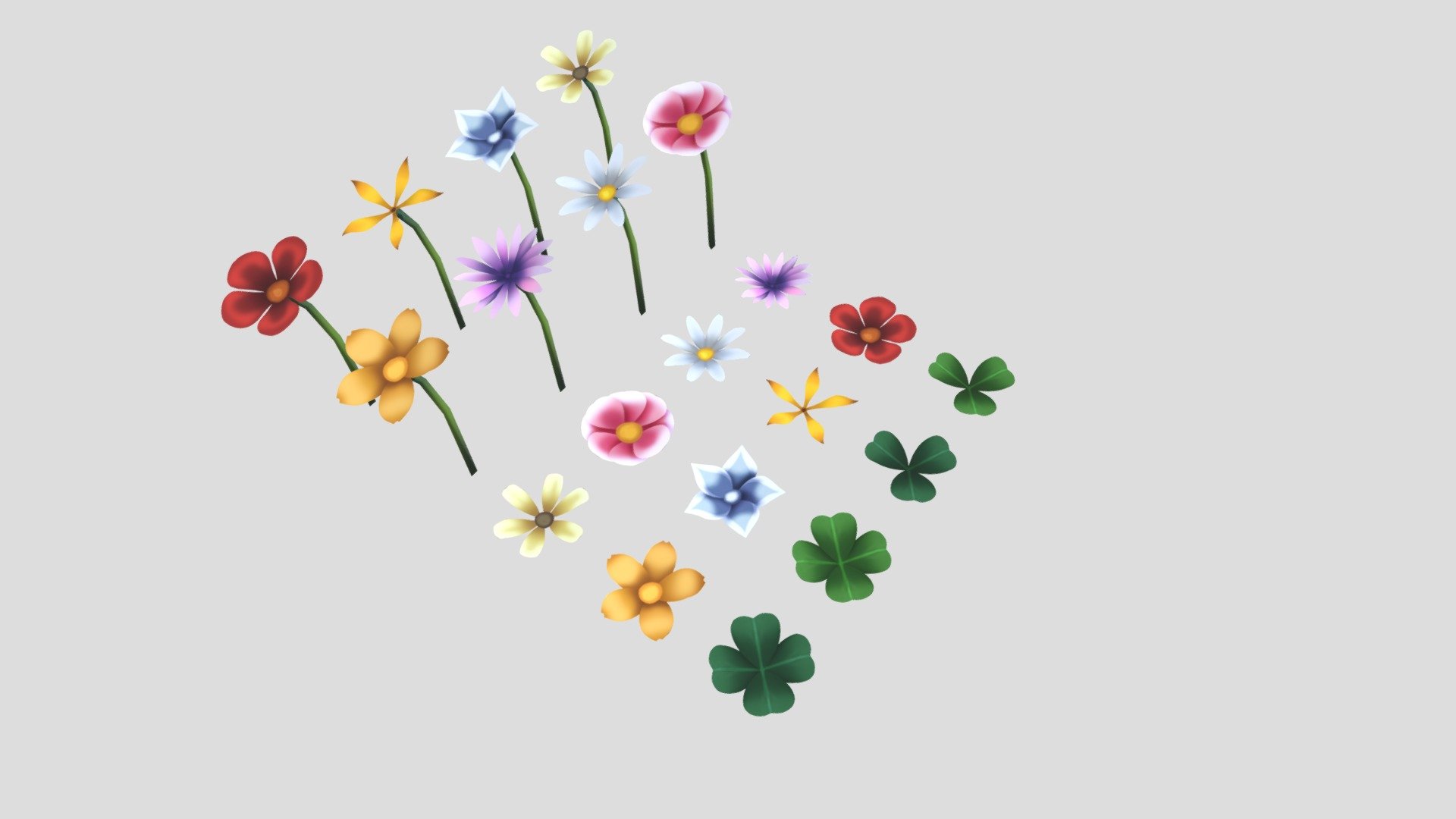 Handpainted flowers pack
In this pack you will find all the essentials to make a beautiful scenes!


The pack contains :

-8 types of flowers.
-4 types of clovers.


To know:

-All textures are in 2048x2048
-Compatible URP
-Compatible HDRP
-Compatible with Unity terrain tool (trees, grass etc)


Tips :

-Assets were designed for games with a top-down view camera.(high angle shot)


Contact

If you have any questions or suggestions about the assets contact me via my publisher page!