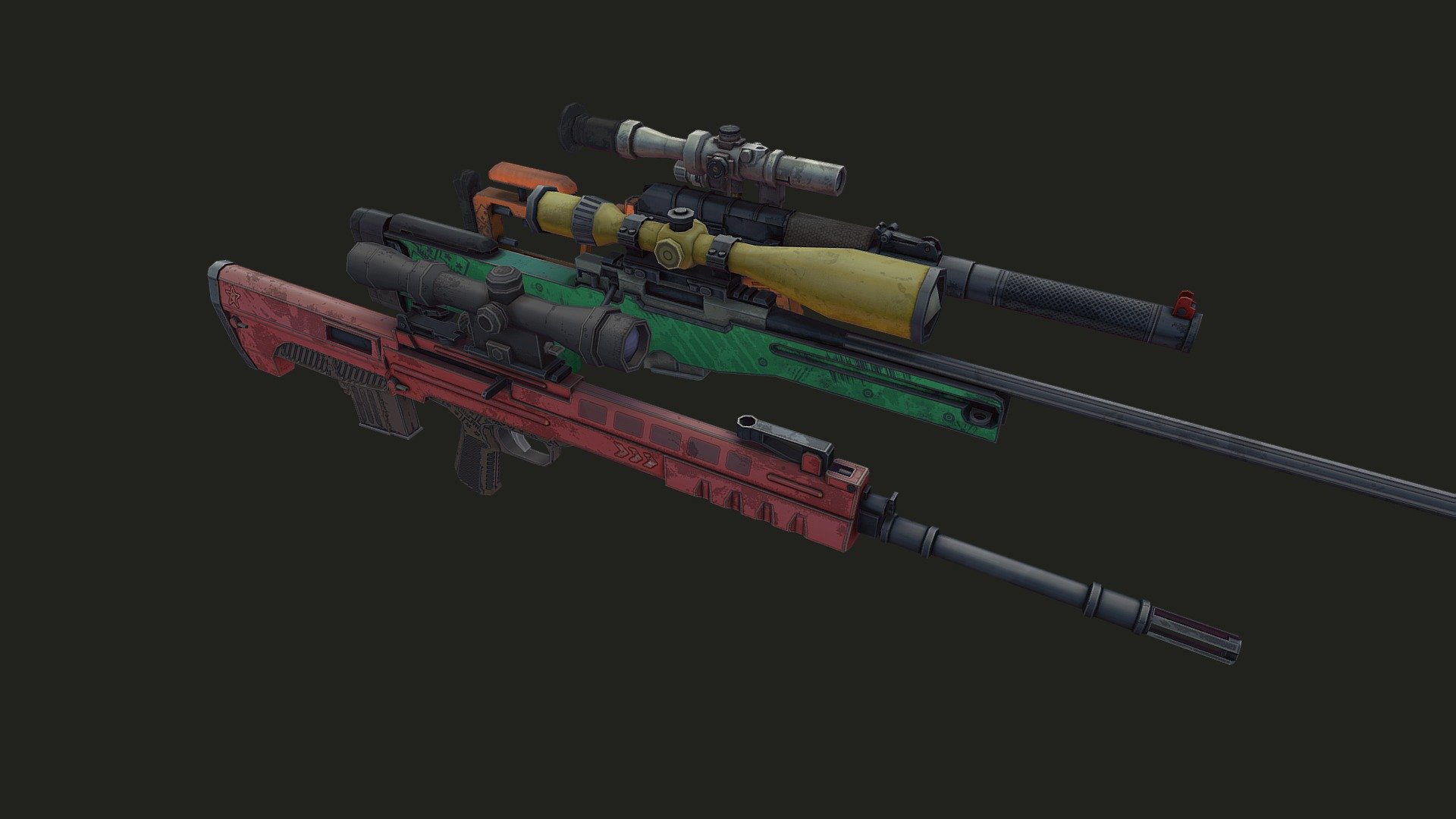 Low-poly weapon models:
L118A1
QBU-88
VSS_Vintorez
The set has a separate UV for each weapon
texture resolution 2048x2048, you can compress 512x512

The attached .zip contains:
file. fbx
diffuse textures, AO maps. Format (png)