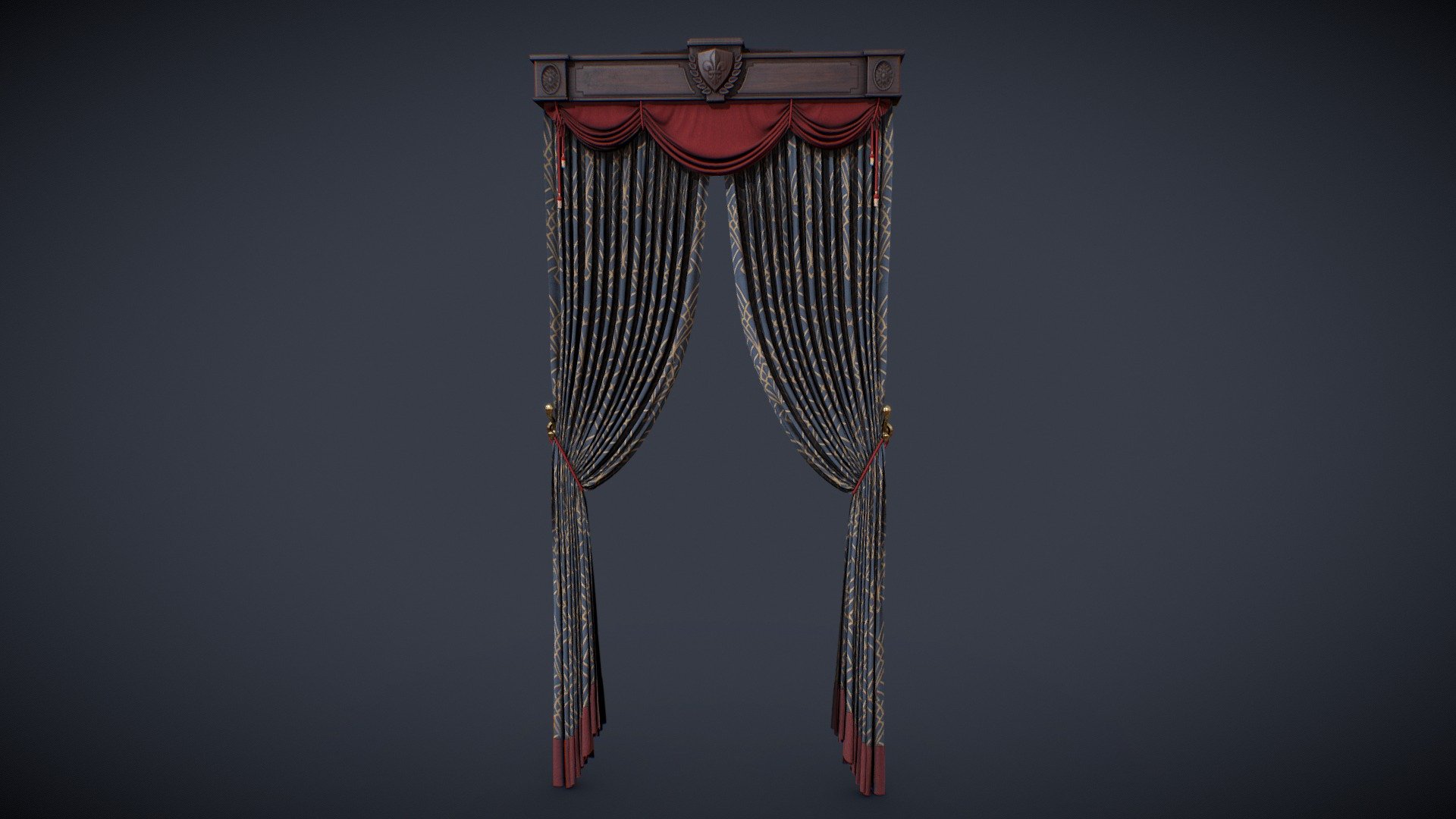 Hello all :) This is a long curtain asset to cover windows for a victorian project. Blue and red fabrics and wood base.

Made with Maya, PS and Substance.

You will find in the package Scene file, FBX and 2k Textures.
If you have any customs need, please feel free to contact me.