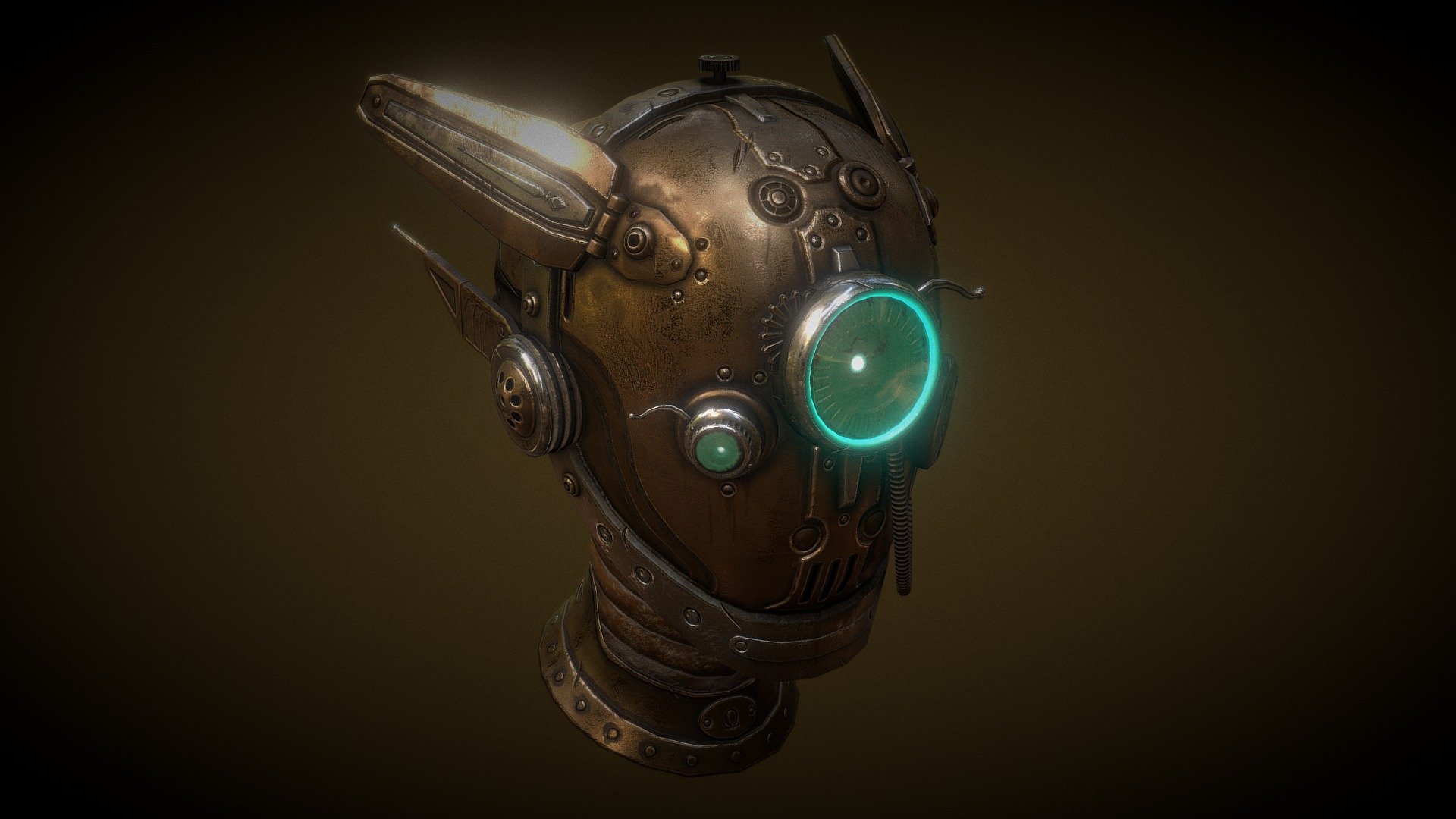 A tech marvel of the SteamTech Era: 
The Tactical Casque worn by Omega Assassins, 
a special ghost unit of the High Prism faction.
Grands the wearer exceptional detection and aiming abilities.

A revisited old steampunk helmet concept, initially created in Zbrush.

Software used:
ZBrush, Maya, Substance Painter, Photoshop