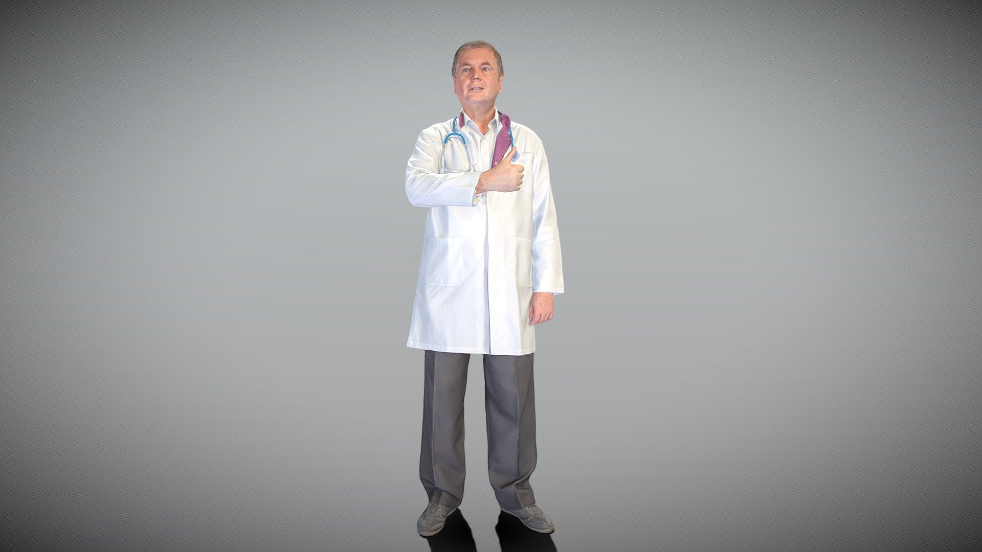 This is a true human size and detailed model of a mature man of Caucasian appearance dressed in a medical uniform. The model is captured in typical professional pose to perfectly match a variety of architectural and product visualizations, be used as a background or mid-sized character in advert banners, professional products/devices presentations, educational tutorials, VR/AR content, etc.

Technical specifications:




digital double 3d scan model

150k &amp; 30k triangles | double triangulated

high-poly model (.ztl tool with 4-5 subdivisions) clean and retopologized automatically via ZRemesher

sufficiently clean

PBR textures 8K resolution: Diffuse, Normal, Specular maps

non-overlapping UV map

no extra plugins are required for this model

Download package includes a Cinema 4D project file with Redshift shader, OBJ, FBX, STL files, which are applicable for 3ds Max, Maya, Unreal Engine, Unity, Blender, etc.

3D EVERYTHING

Stand with Ukraine!