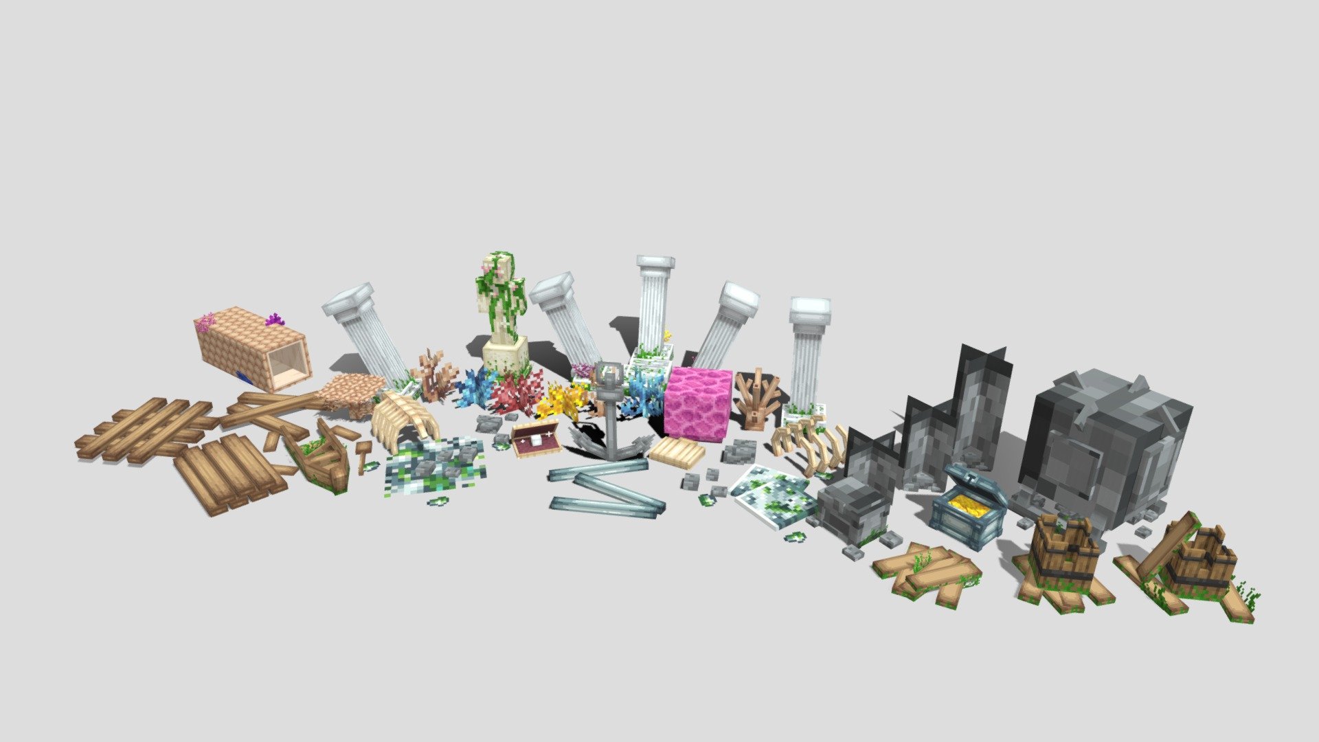 Underwater Furniture Pack, Includes 39 models:




Anchor

Brain Coral

Clam

Coral x6

Coral Tube

Giant Coral Tube

Living Remains x2

Marine Kelp x3

Pearl Clam

Rubble x4

Ruins x3

Ruins Statues

Scrap x3

Shipwreck

Submarine Wreck

Table Coral

Treasure Box

Treasure Box Wreck

Wooden ruins x3

Wood x3
