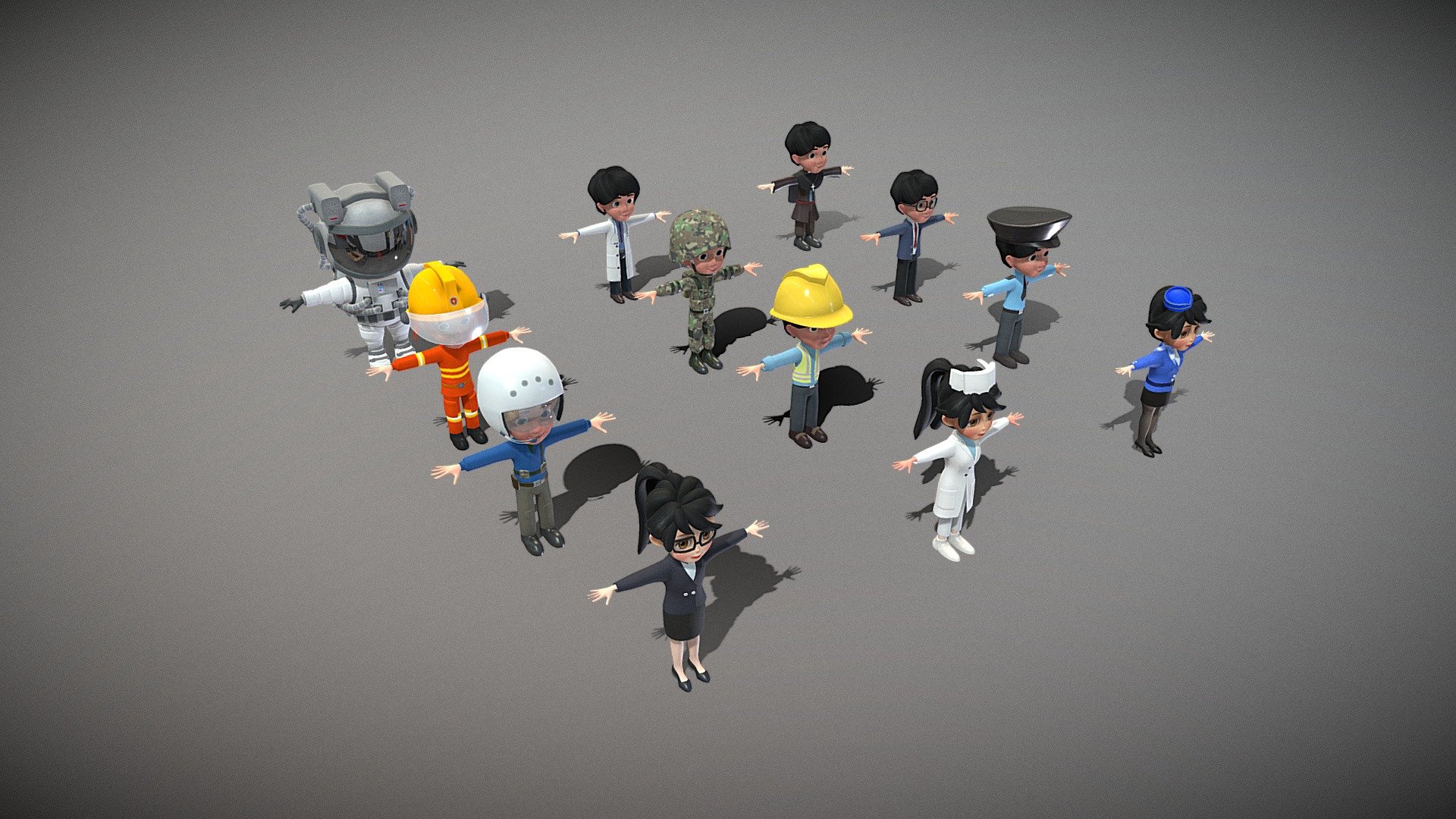3D Model File Purchase Link: https://www.fab.com/listings/2feaf607-c2d9-4614-a6c7-46d975dfb24b   

This is a collection of 12 professional characters.

This includes doctor, lawyer, teacher, flight attendant, nurse, police officer, worker, pilot, soldier, firefighter, astronaut, priest.

All triangles: 705157  All vertices: 361756

(Viewer Setting above are just a preview and may vary drastically depending on your lighting and shading setup on the final application)

If you have any questions, please feel free to contact me.
 
E-mail: zhangshangbin1314159@gmail.com
