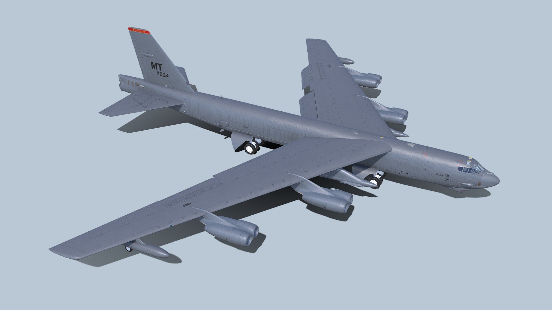 Purchase link is here https://www.artstation.com/artwork/3qqVYD

The Boeing B-52 Stratofortress is an American long-range, subsonic, jet-powered strategic bomber. It has been operated by the United States Air Force (USAF) since the 1950s. The bomber is capable of carrying up to 70,000 pounds (32,000 kg) of weapons, and has a typical combat range of more than 8,800 miles (14,080 km) without aerial refueling.
The B-52H had the same crew and structural changes as the B-52G. The most significant upgrade was the switch to TF33-P-3 turbofan engines.  The ECM and avionics were updated, a new fire control system was fitted, and the rear defensive armament was changed from machine guns to a 20 mm M61 Vulcan cannon (later removed in 1991–94).   The aircraft's first flight occurred on 10 July 1960, and it entered service on 9 May 1961. This is the only variant still in use. A total of 102 B-52Hs were built. The last production aircraft, B-52H AF Serial No. 61-0040, left the factory on 26 October 1962.