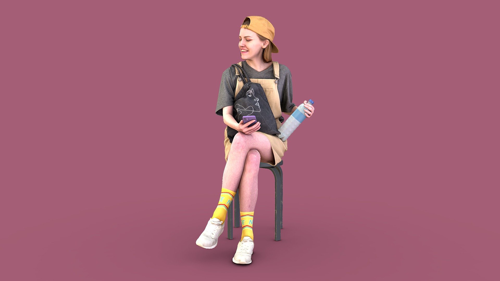 Follow us on Instagram ❤️

Follow us on Twitter 🐦

✉️ A young fair-skinned girl spends time in the company of her friends, smiling broadly in her teeth, closing her eyes. She is wearing a beige denim dress, a gray T-shirt, a beige cap, high colored socks and light sneakers. She holds a mobile phone and a bottle of water in her hands, a black shopping bag rests on her knees.

🦾 This model will be an excellent mid-range participant. It does not need to be very close and try to see the details, it reveals and demonstrates its texture as much as possible in case of a certain distance from the foreground.

⚙️ Photorealistic Casual Character 3d model ready for Virtual Reality (VR), Augmented Reality (AR), games and other real-time apps. Suitable for the architectural visualization and another graphical projects. 50 000 polygons per model.

YXWG06