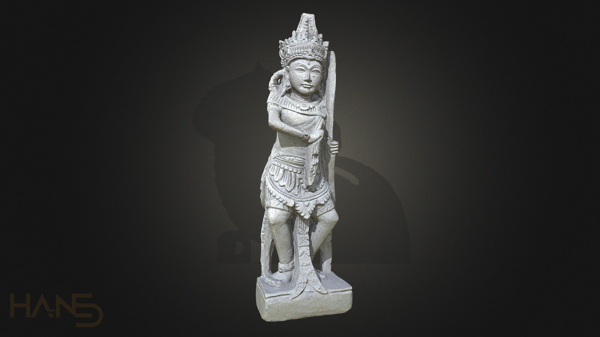Thai statue of a male warrior with a bow and quiver. The Sandstone material makes this statue light and relatively fragile.                                                 

Equipment used: Canon 600D (used around 175 photos in a phototent+turntable setup with continuous dual softbox lighting).

Software used: Agisoft Photoscan, RAW photo editor, Blender,Instant Meshes and Substance Painter.

Mesh: 
The Original Scan had around 22M faces/triangles and was decimated to around 4.5M before baking a normal map from it.

The Lowpoly has 20K triangles.

Texture: the texture in the preview is an 8K texture, i've also made a 2k and 4k texture. 

If you want a good view of the scan’s quality, check the ‘Matcap+Surface’ option in the model inspector.

Remember you can adjust the lighting by holding ALT + Left mouse button.



Follow me on Twitter | 
** Instagram | Artstation**



