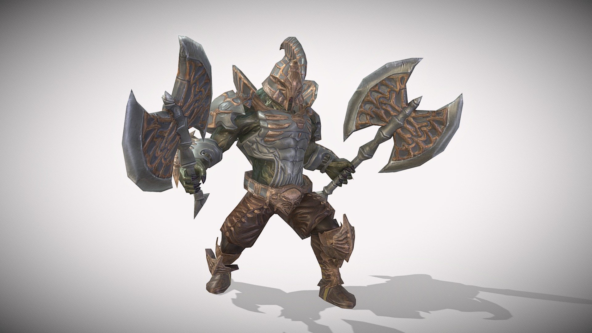 Orc Warrior, animated and rigged.




Model: 4020 triangles, 3092 vertices.

Rig: type generic.

Anims: 15.

Clips: appearance, damage, die, die idle, idle, knock down, knock down idle, rise, run, skill evil bash, skill evil rush attack, skill fury, skill normal attack, spawn, stun.

Mats: diffuse, normal, occlusion and metallic.

Res: 2048 x 2048.
